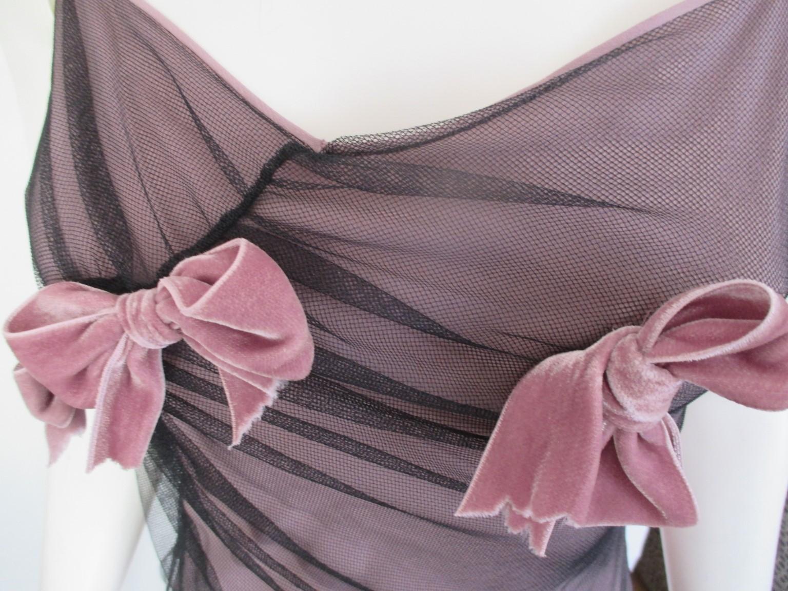 John Galliano Paris Violet Bows Roses Dress and Scarf Small In Good Condition In Amsterdam, NL