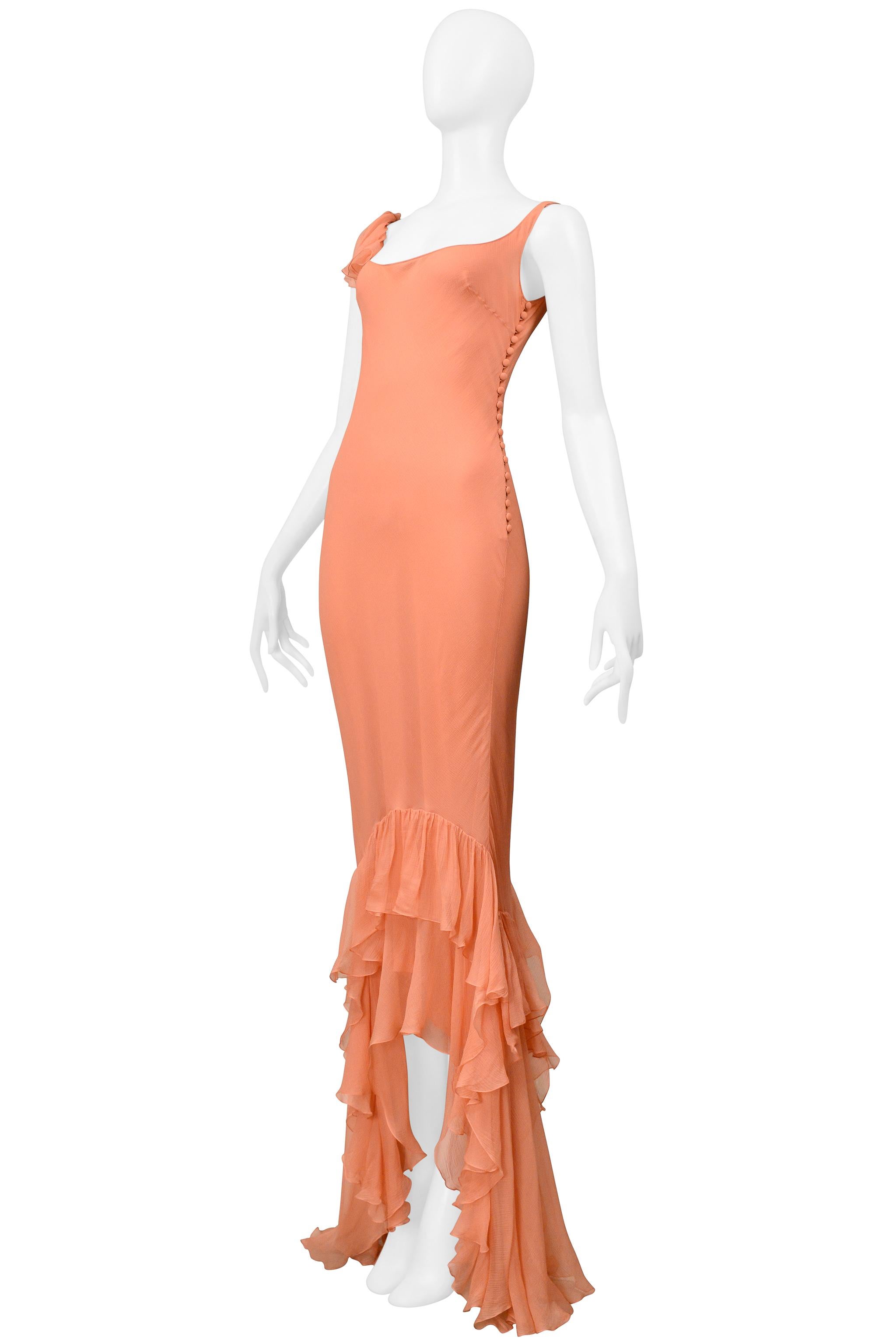 Orange John Galliano - Robe du soir à volants en mousseline de soie pêche en vente