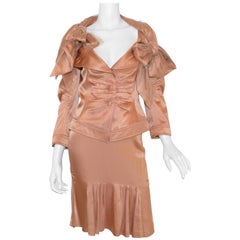 John Galliano Peach Satin Skirt Set with Tulle Bow Tie