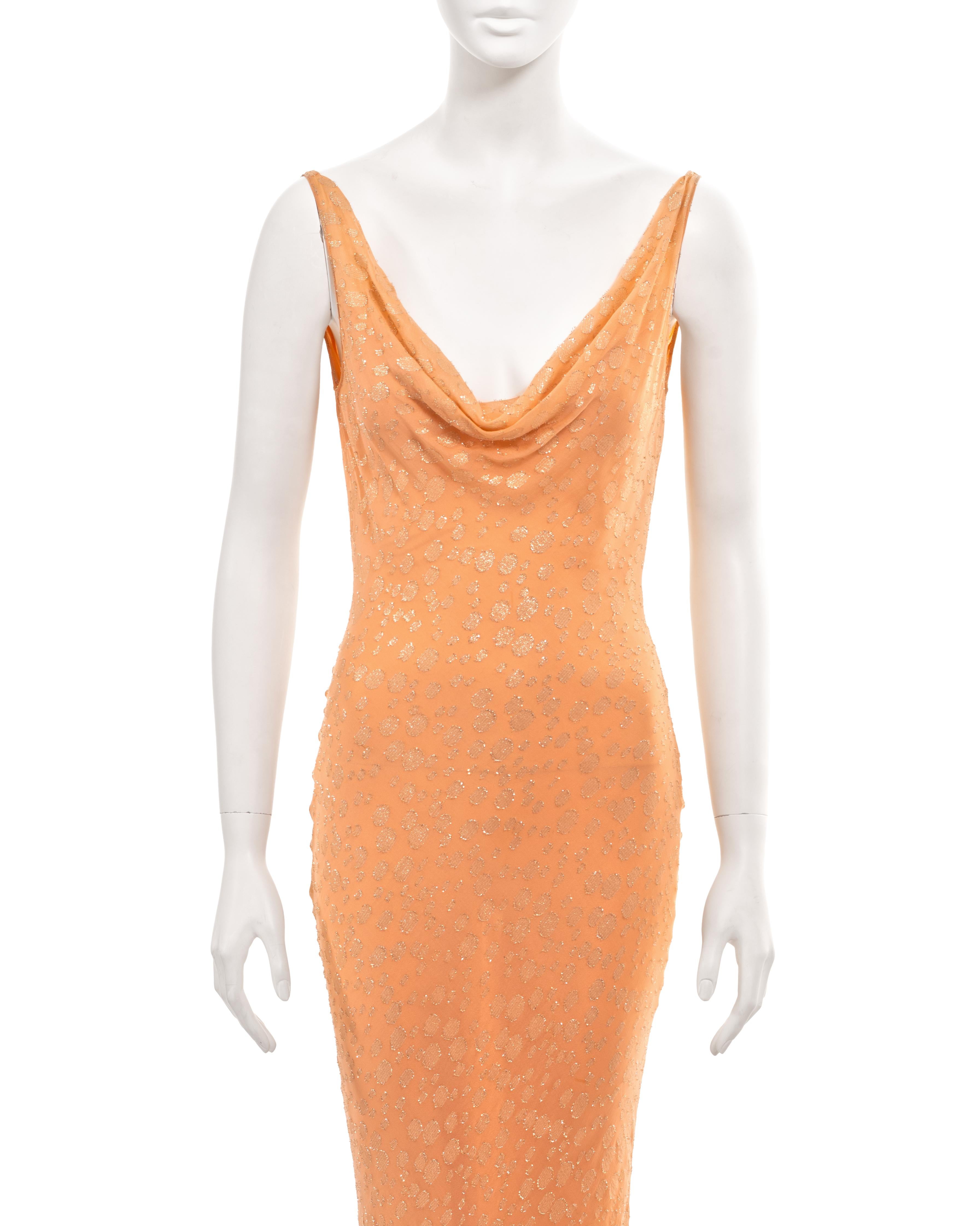 John Galliano peach silk evening dress with gold lurex motif, ss 2004 In Excellent Condition In London, GB