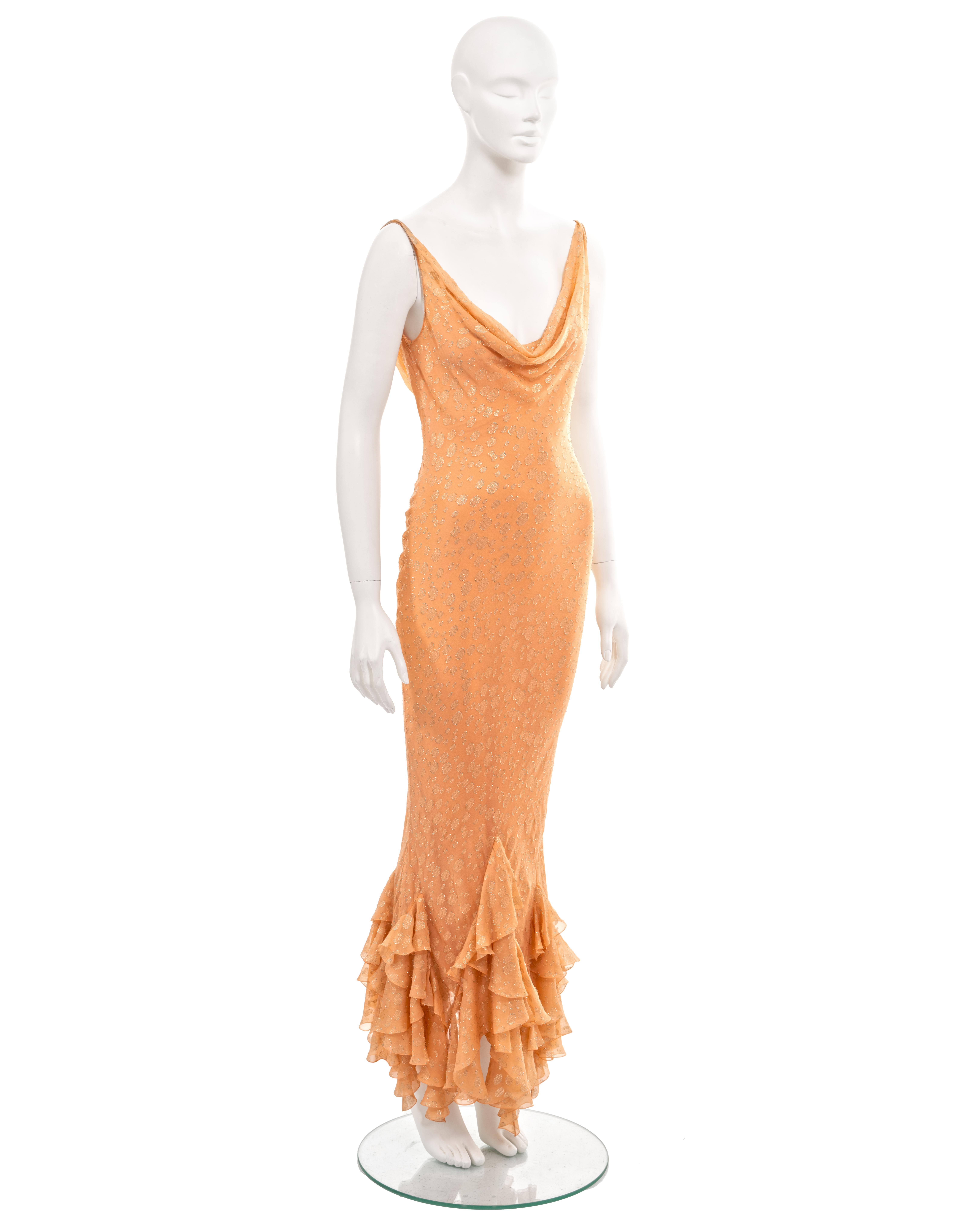Women's John Galliano peach silk evening dress with gold lurex motif, ss 2004