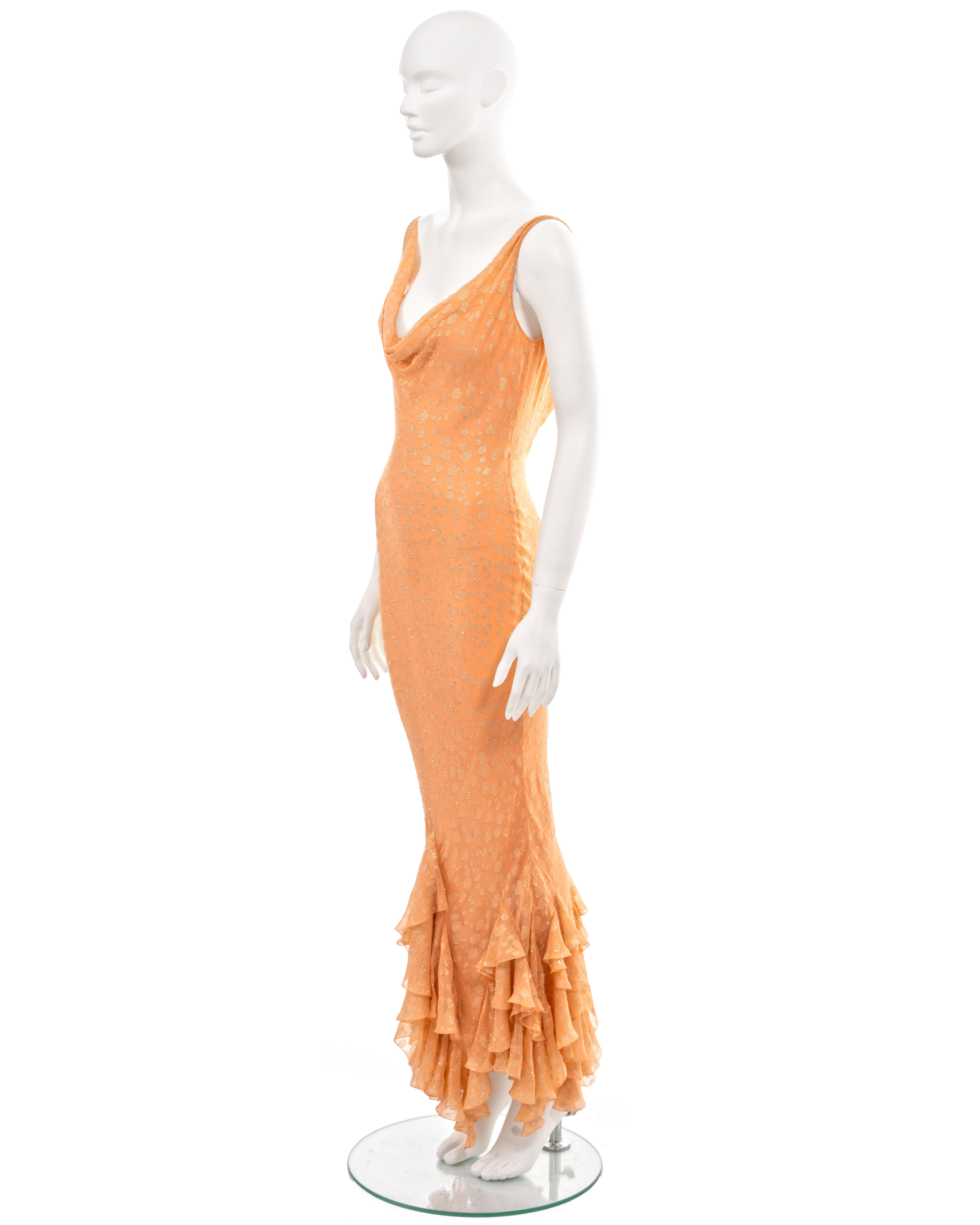 John Galliano peach silk evening dress with gold lurex motif, ss 2004 1