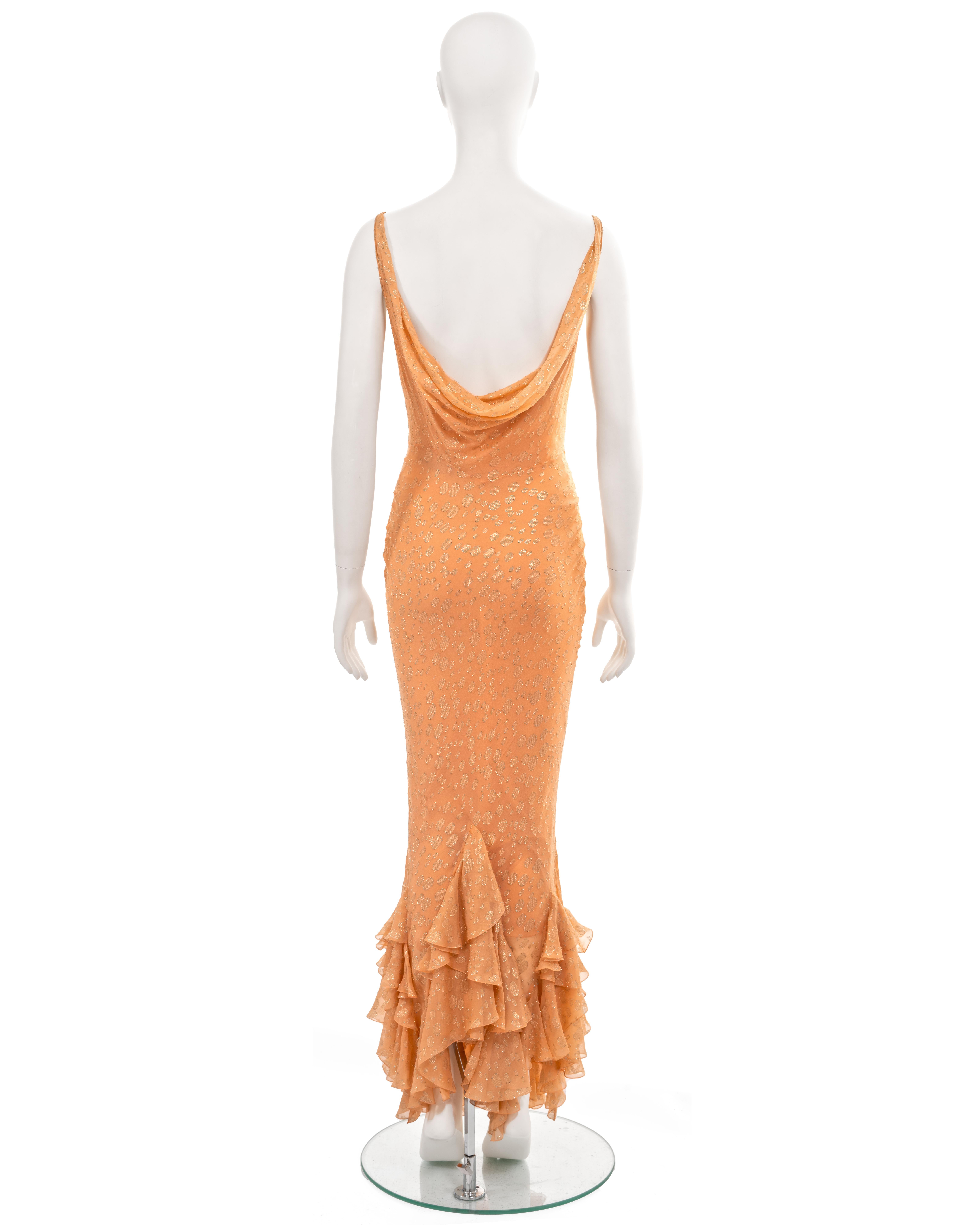 John Galliano peach silk evening dress with gold lurex motif, ss 2004 3