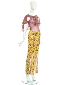 John Galliano pink and yellow silk maxi skirt and cardigan ensemble, ss 2002