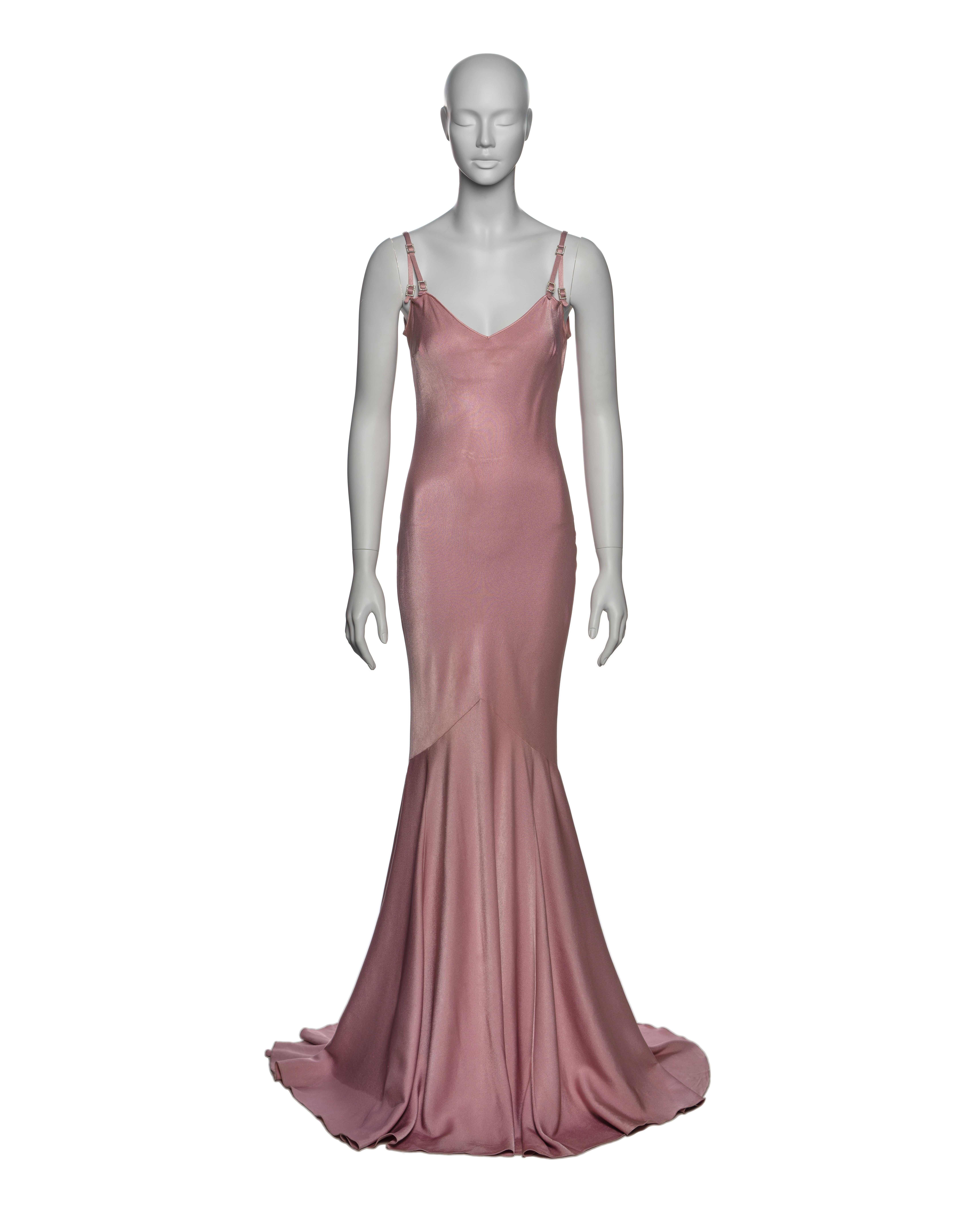 ▪ Brand: John Galliano
▪ Creative Director: John Galliano
▪ Collection: Spring-Summer 2004
▪ Fabric: Pink Satin Back Crepe, 68% Acetate, 32% Viscose
 ▪ Details: Bias-cut, shoulder straps with crystal buckles, floor length skirt with sweeping train
▪