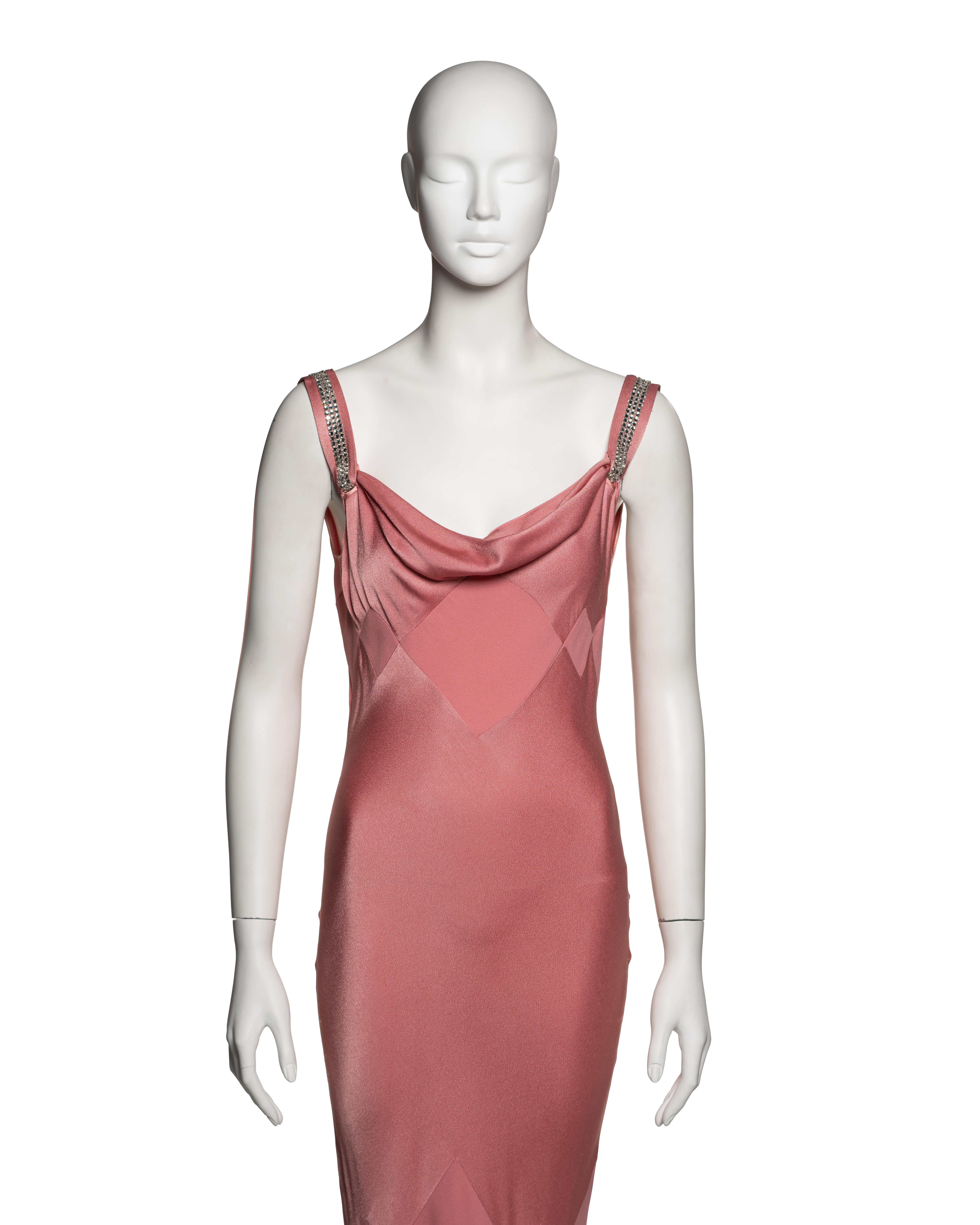 John Galliano Pink Bias-Cut Satin Evening Dress with Rhinestone Straps, SS 2002 In Good Condition For Sale In London, GB