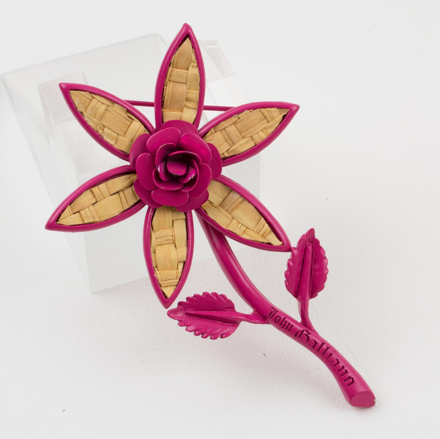 Modern John Galliano Pink Enamel and Straw Daisy Flower Pin Brooch For Sale