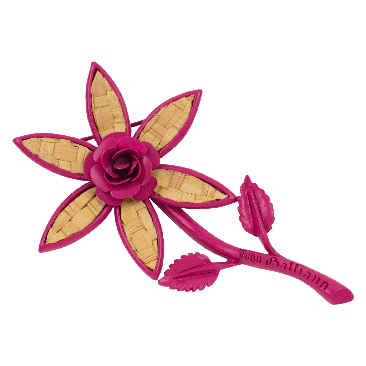 John Galliano Pink Enamel and Straw Daisy Flower Pin Brooch For Sale