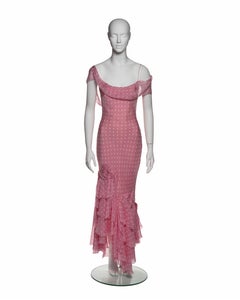 John Galliano Pink Polka Dot Silk Off-Shoulder Bias Cut Evening Dress, SS 2004