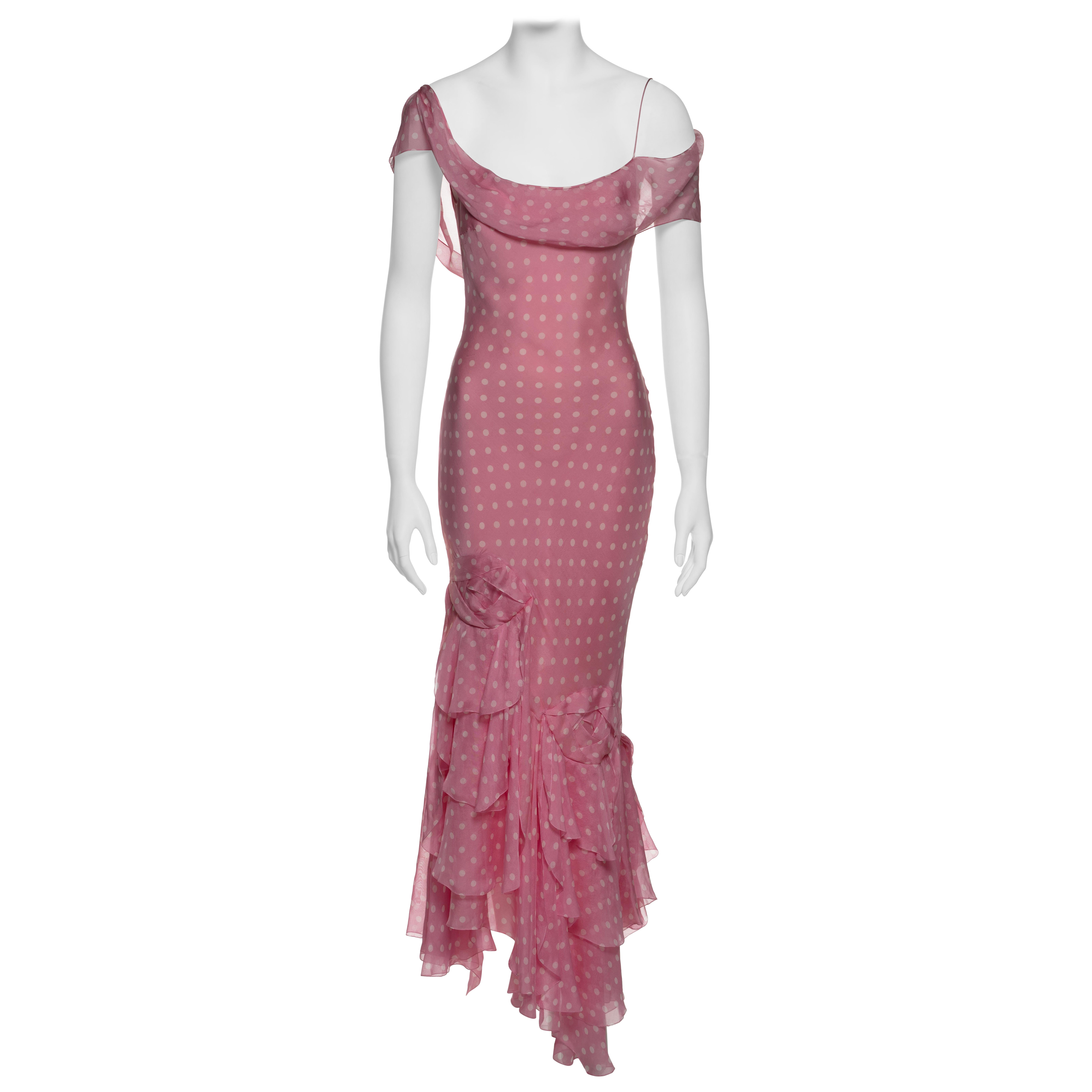 John Galliano Pink Polka Dot Silk Off-Shoulder Bias Cut Evening Dress, SS 2004