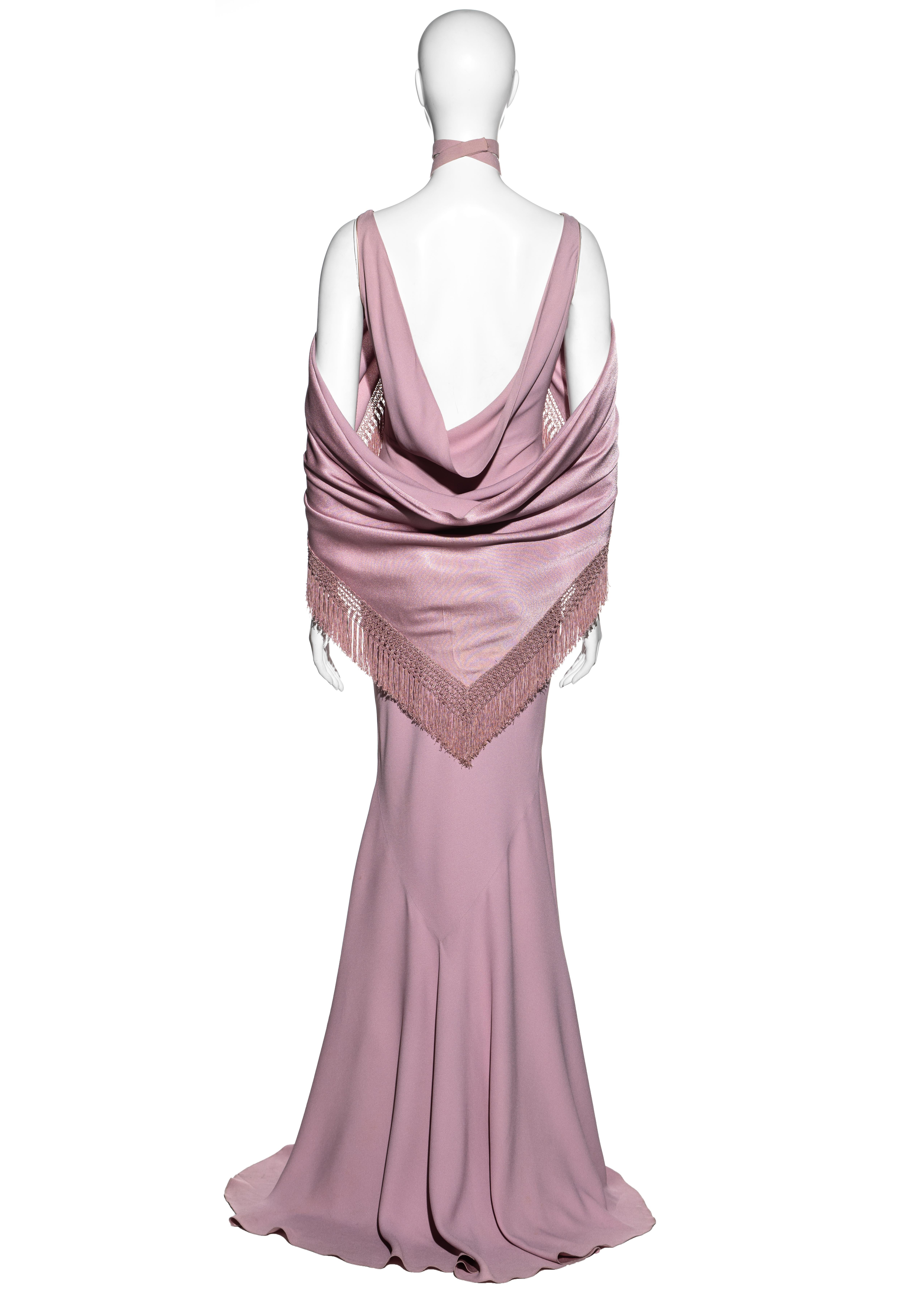 Gray John Galliano pink satin-backed crêpe trained evening dress and shawl, fw 1998
