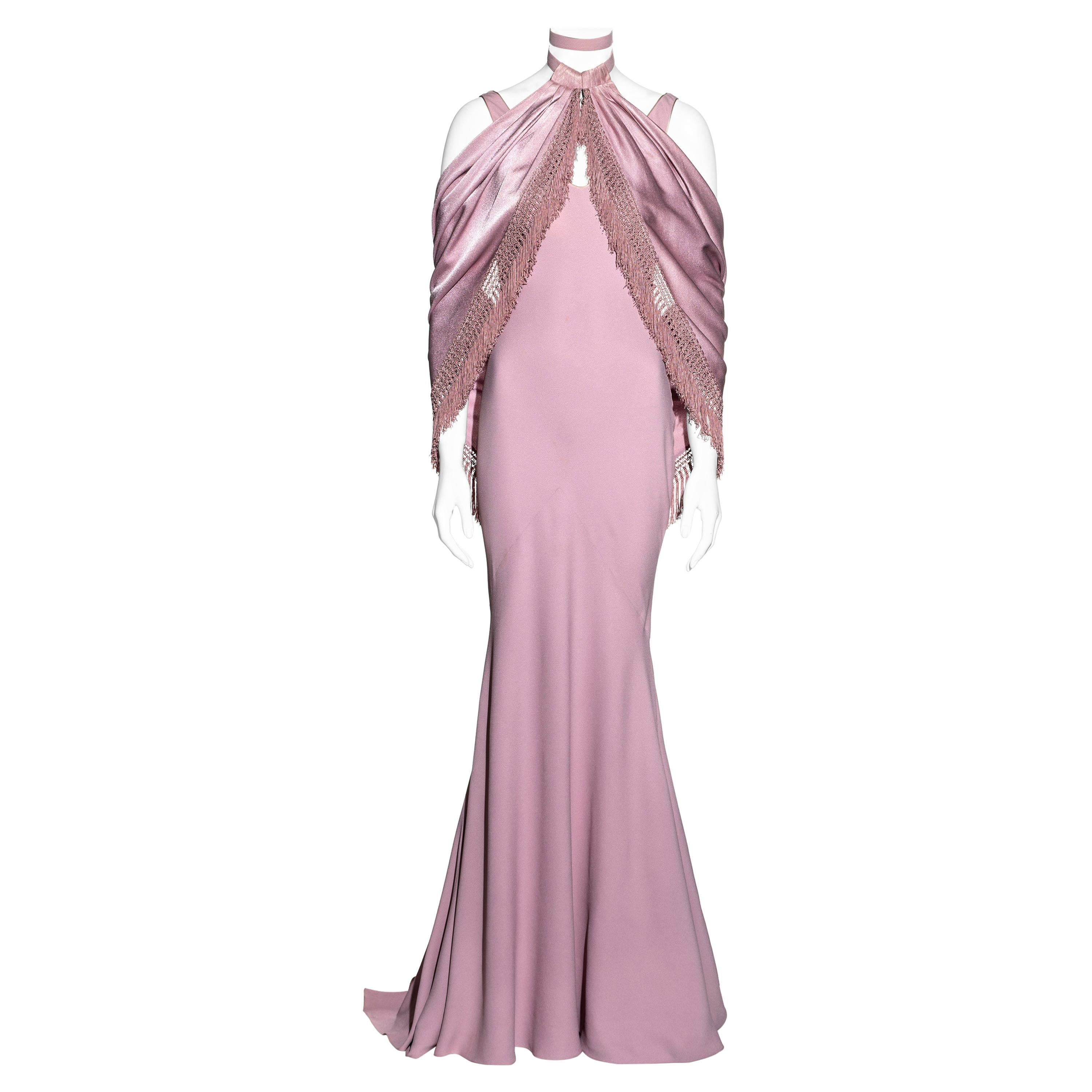 John Galliano pink satin-backed crêpe trained evening dress and shawl, fw 1998