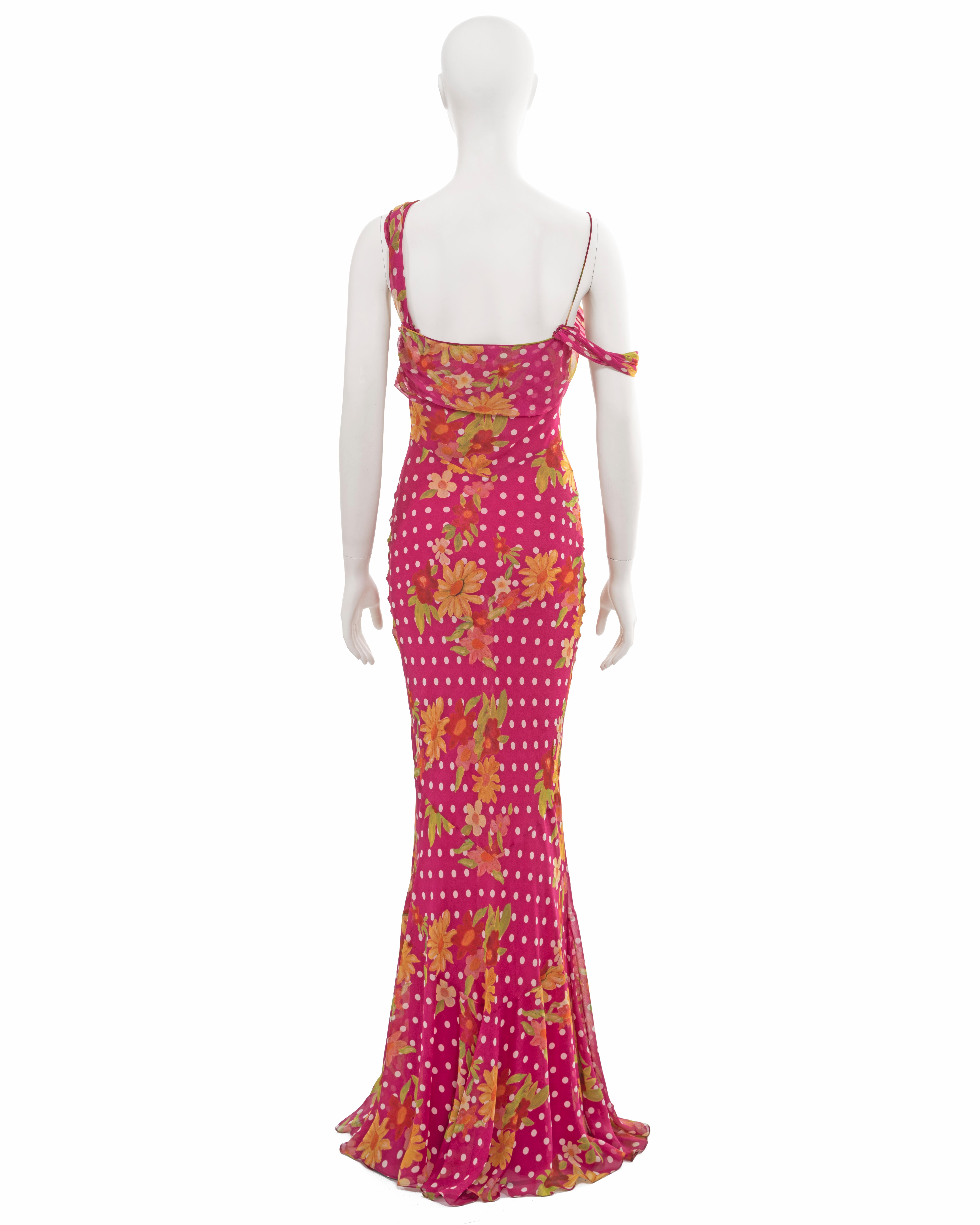 John Galliano pink silk evening dress with floral and polkadot motif, ss 2006 For Sale 6