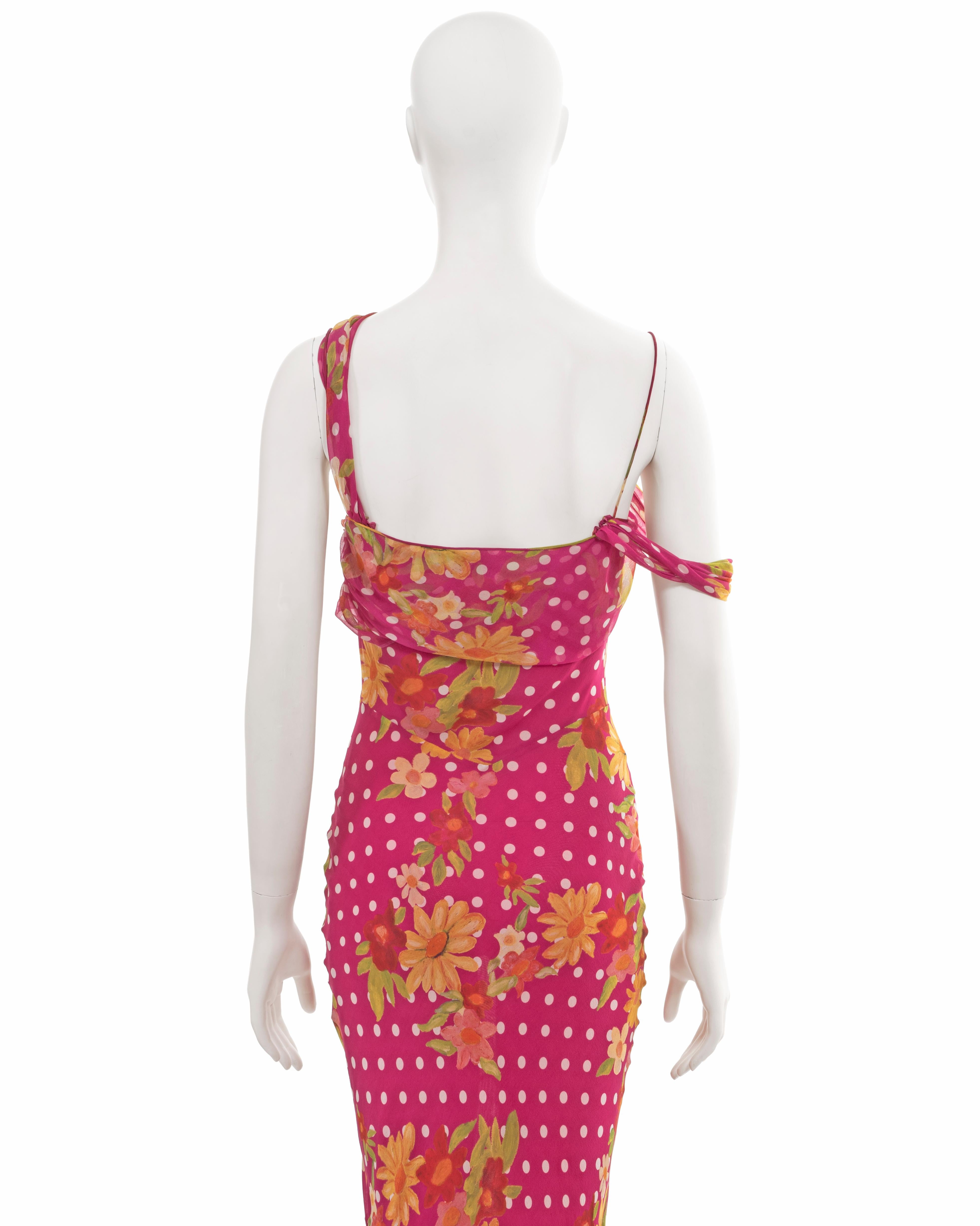 John Galliano pink silk evening dress with floral and polkadot motif, ss 2006 For Sale 7