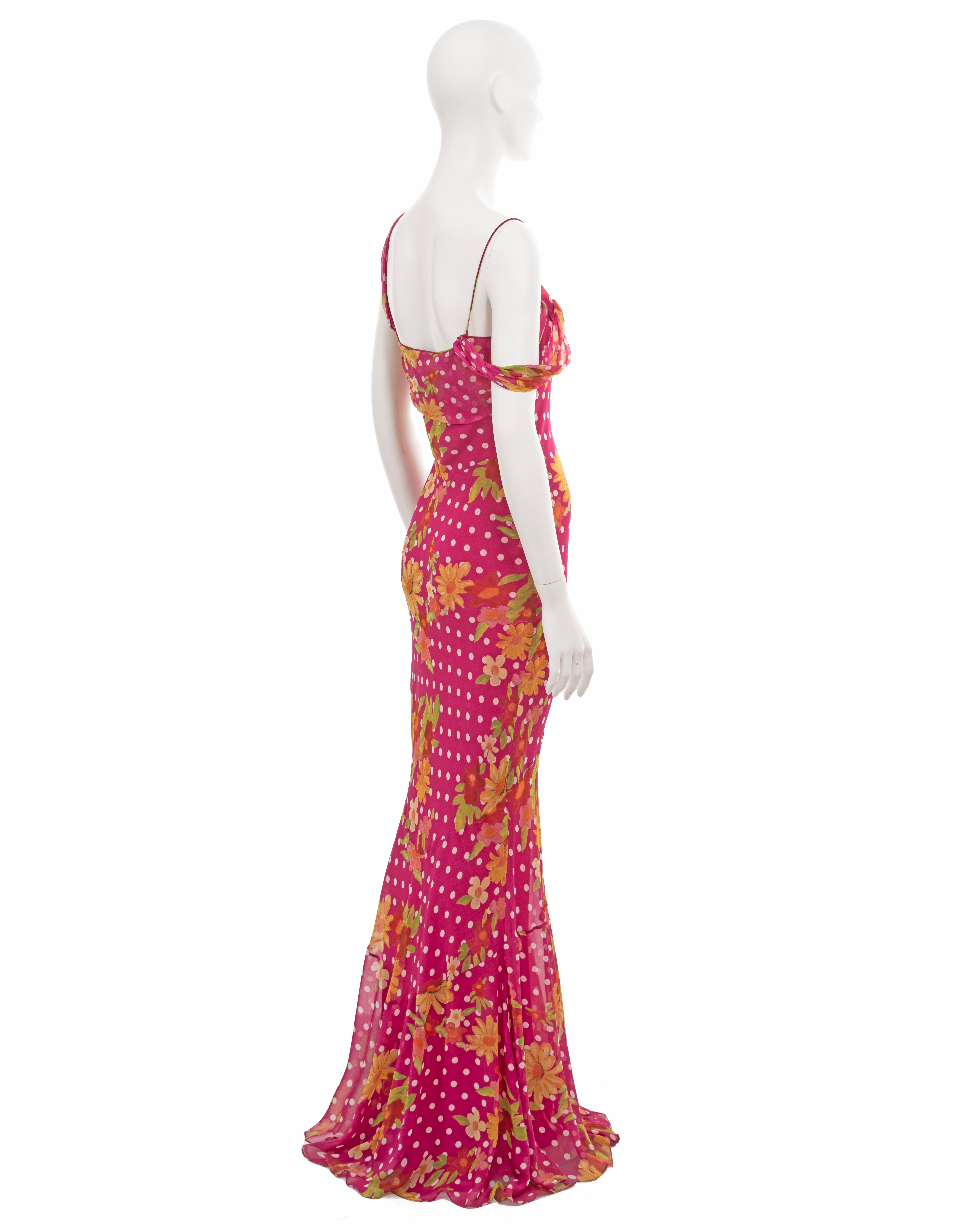 John Galliano pink silk evening dress with floral and polkadot motif, ss 2006 For Sale 8