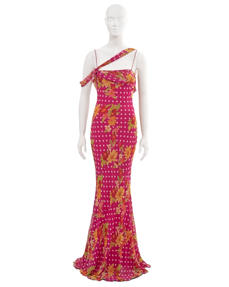 John Galliano pink silk evening dress with floral and polkadot motif, ss  2006 For Sale at 1stDibs