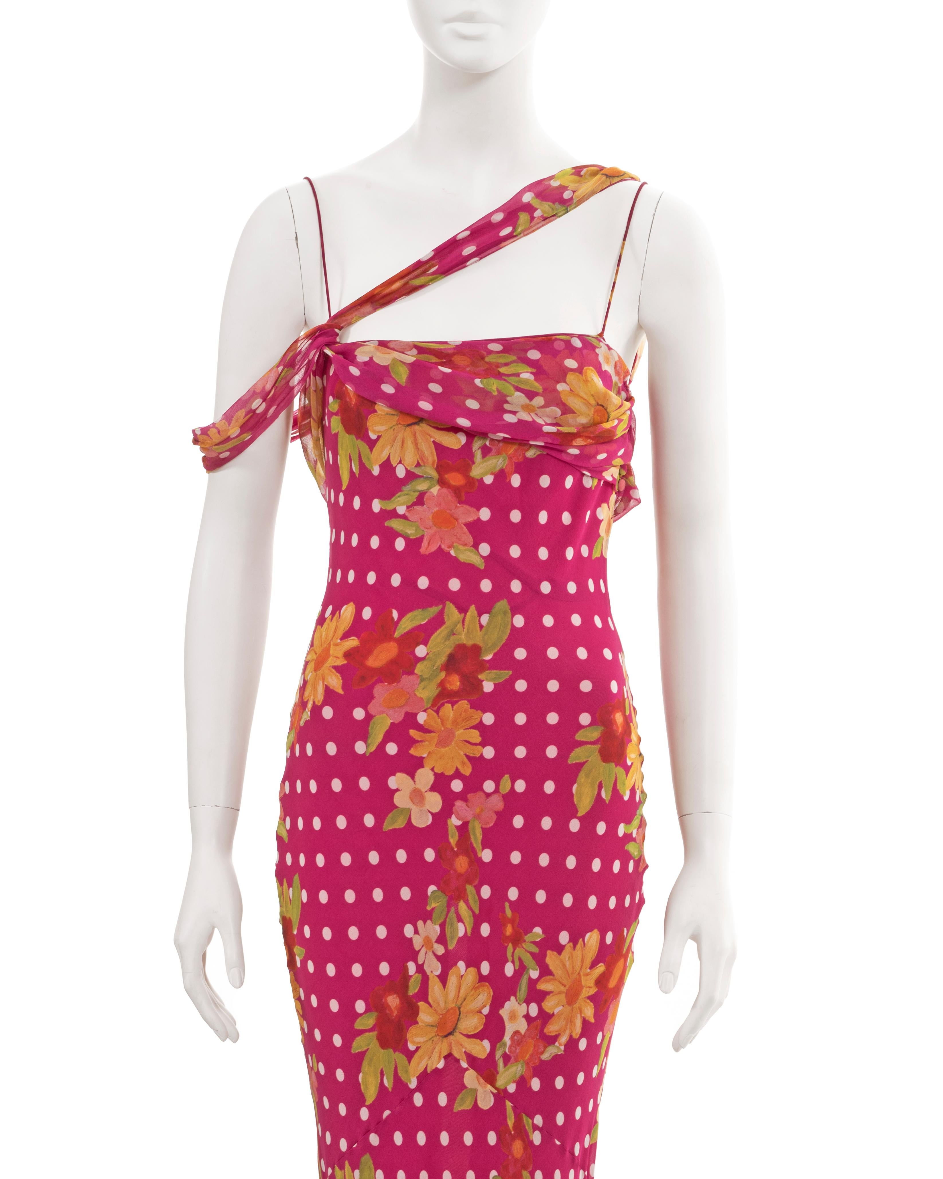 John Galliano pink silk evening dress with floral and polkadot motif, ss 2006 In Excellent Condition For Sale In London, GB