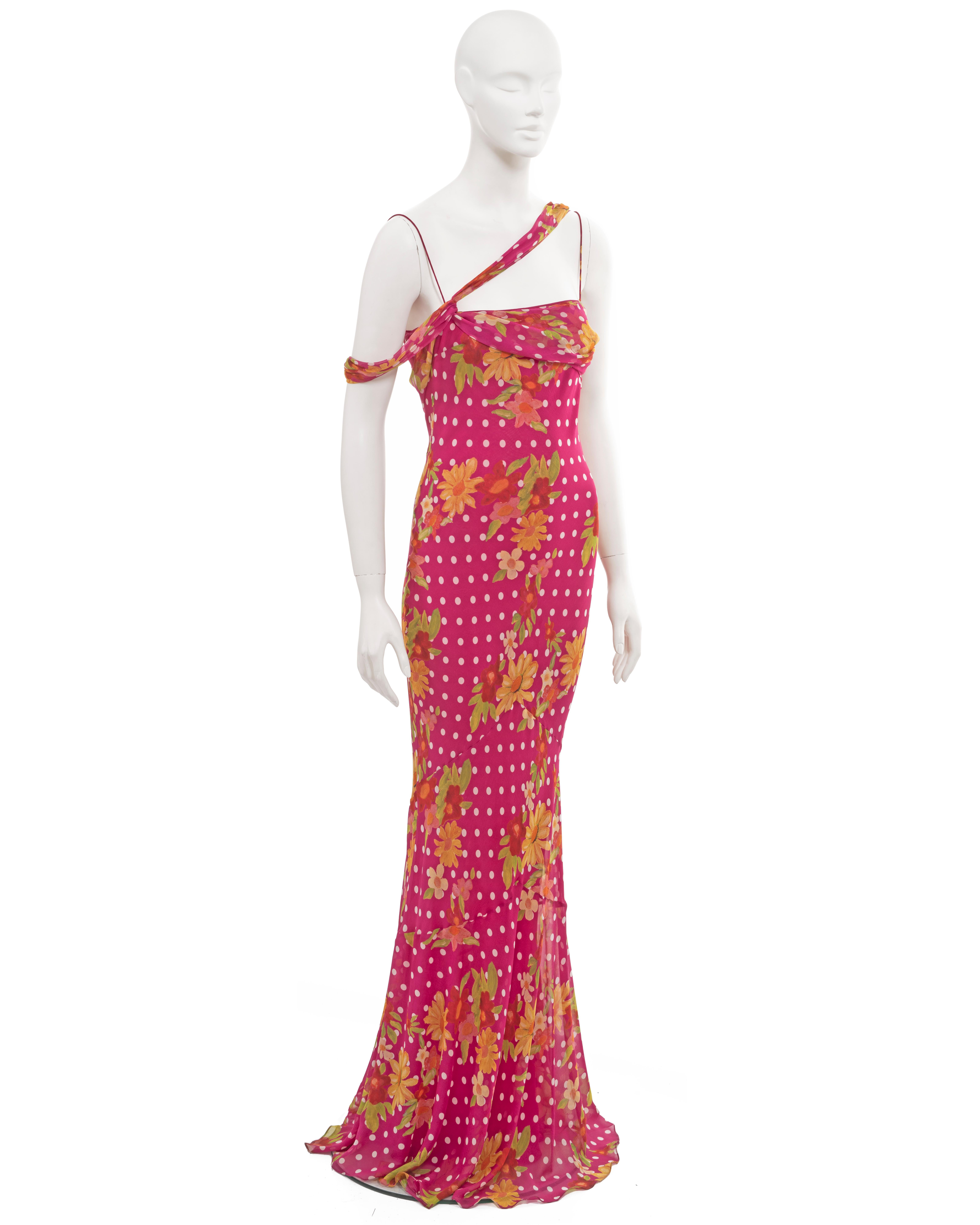 Women's John Galliano pink silk evening dress with floral and polkadot motif, ss 2006 For Sale