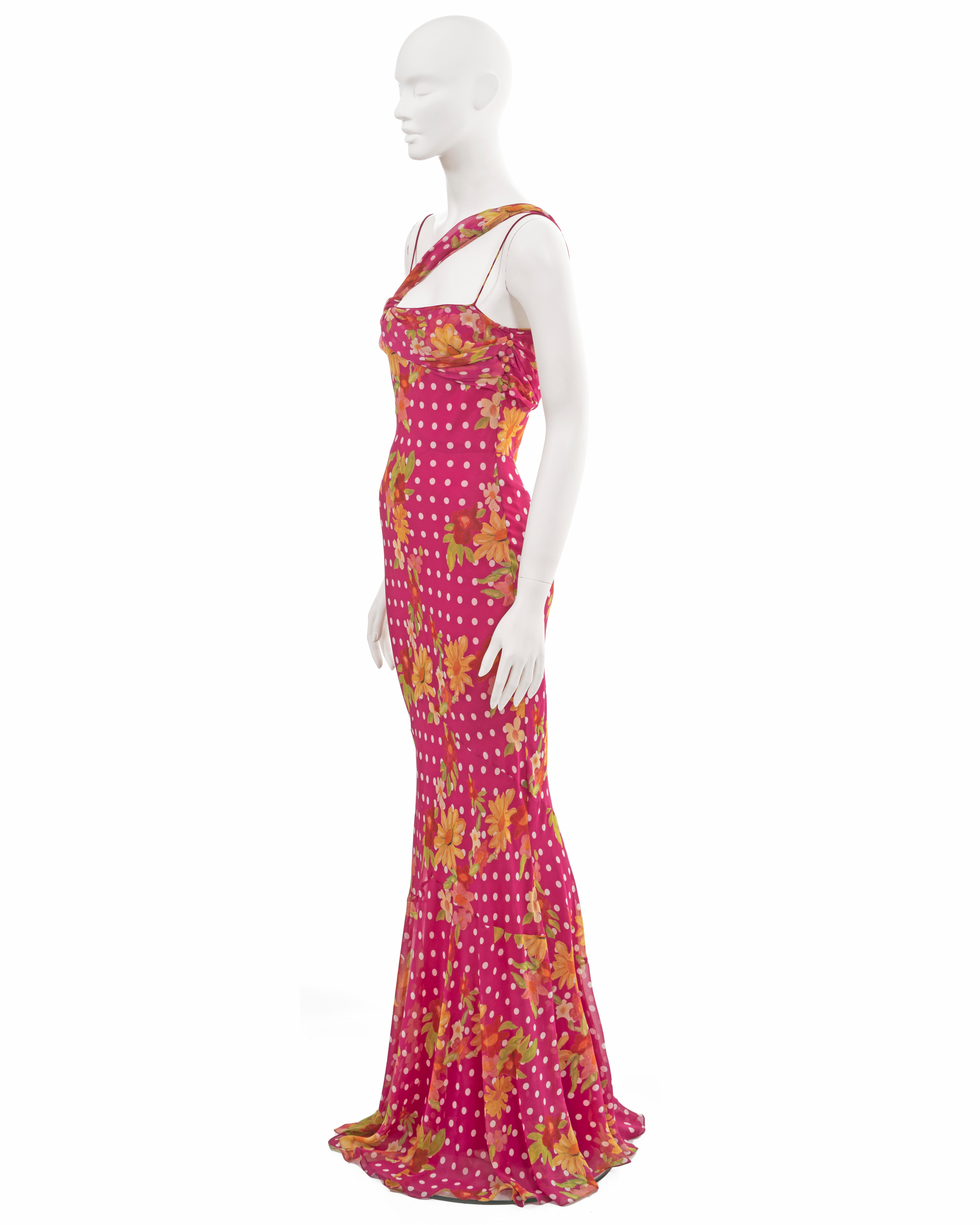 John Galliano pink silk evening dress with floral and polkadot motif, ss 2006 For Sale 2