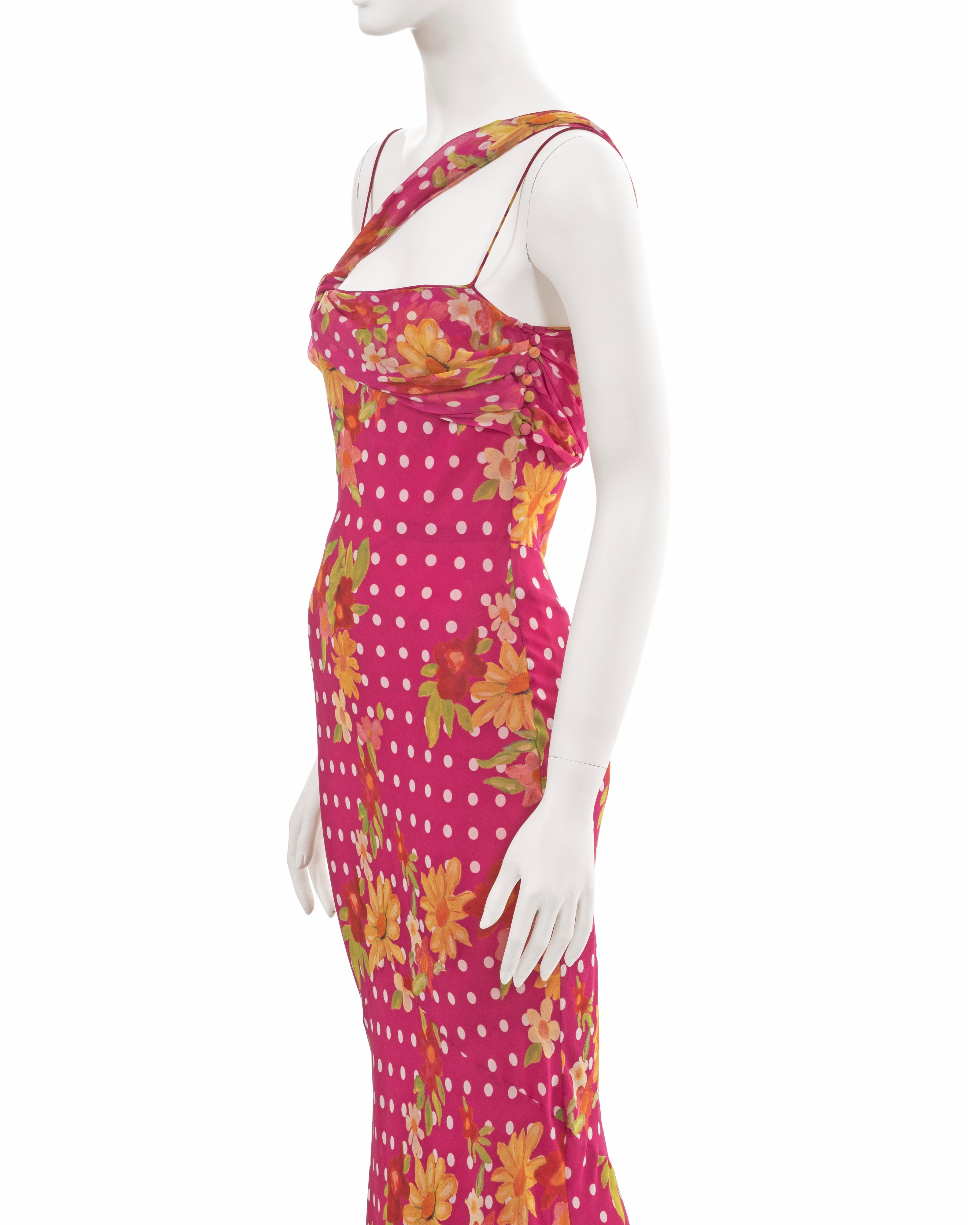 John Galliano pink silk evening dress with floral and polkadot motif, ss 2006 For Sale 3