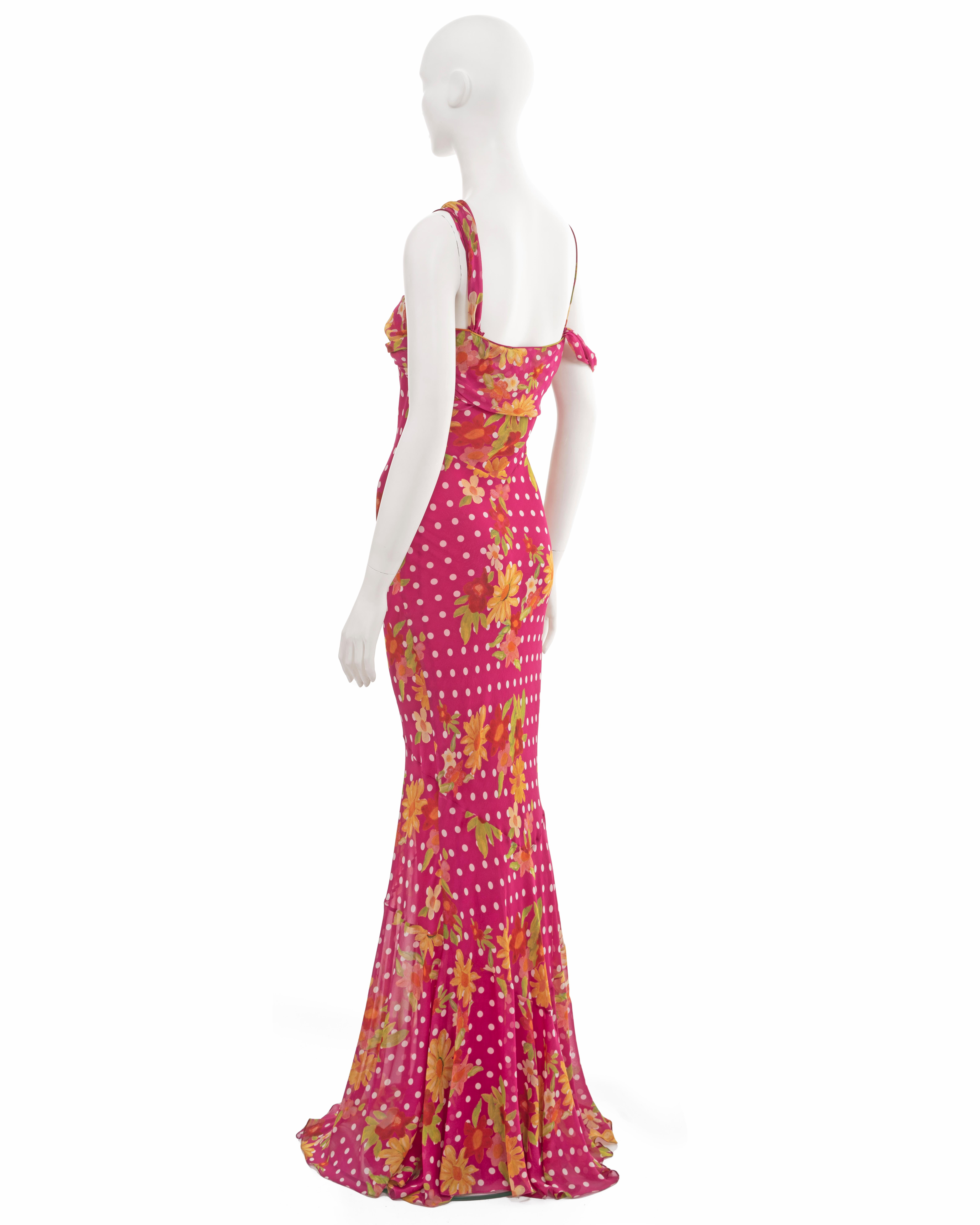 John Galliano pink silk evening dress with floral and polkadot motif, ss 2006 For Sale 4