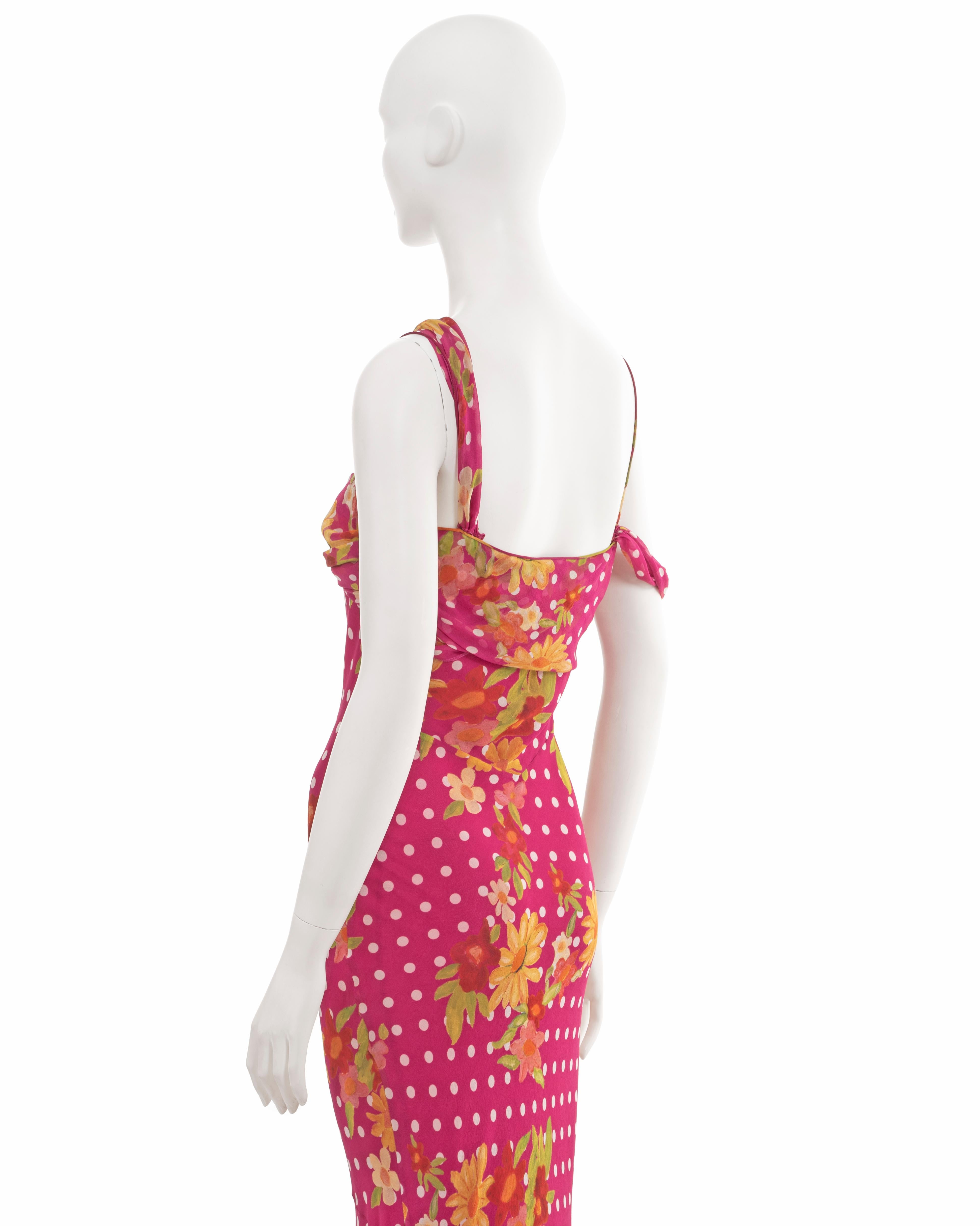 John Galliano pink silk evening dress with floral and polkadot motif, ss 2006 For Sale 5