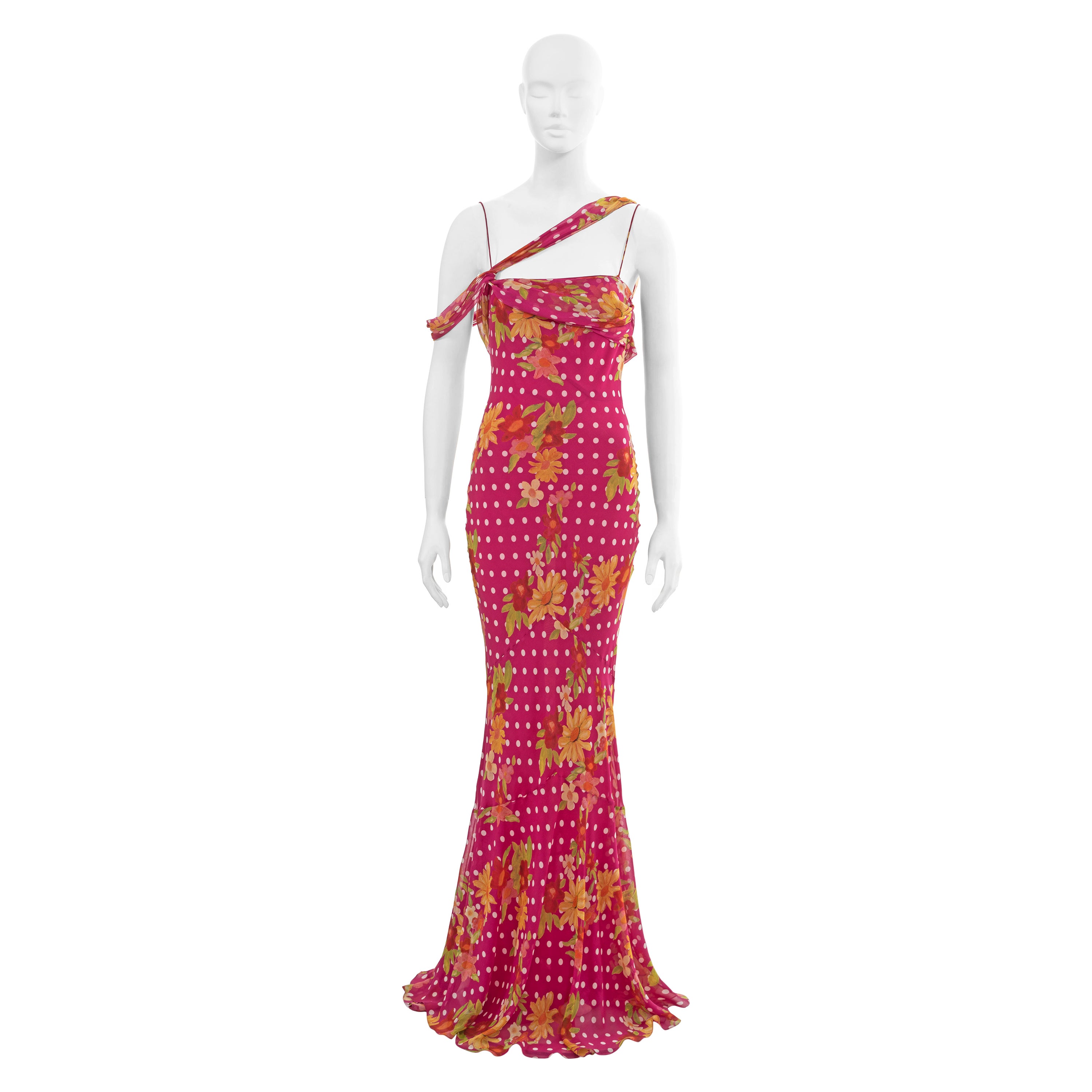 John Galliano - Robe de soirée en soie rose avec motif floral et à pois, printemps-été 2006 en vente