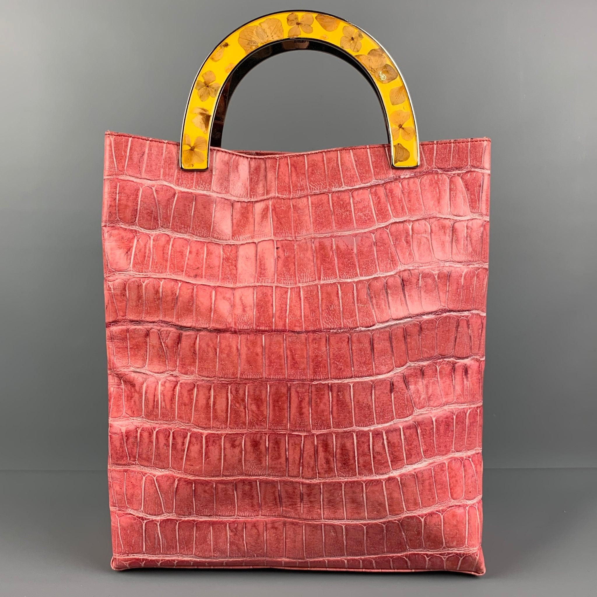 JOHN GALLIANO Pink Yellow Embossed Leather Handbag In Good Condition In San Francisco, CA
