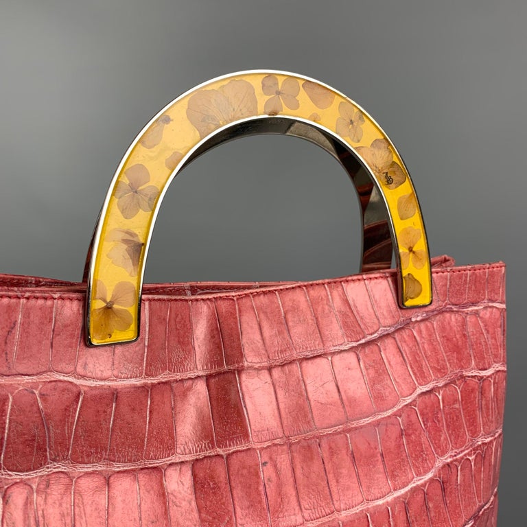 Women's JOHN GALLIANO Pink Yellow Embossed Leather Handbag For Sale