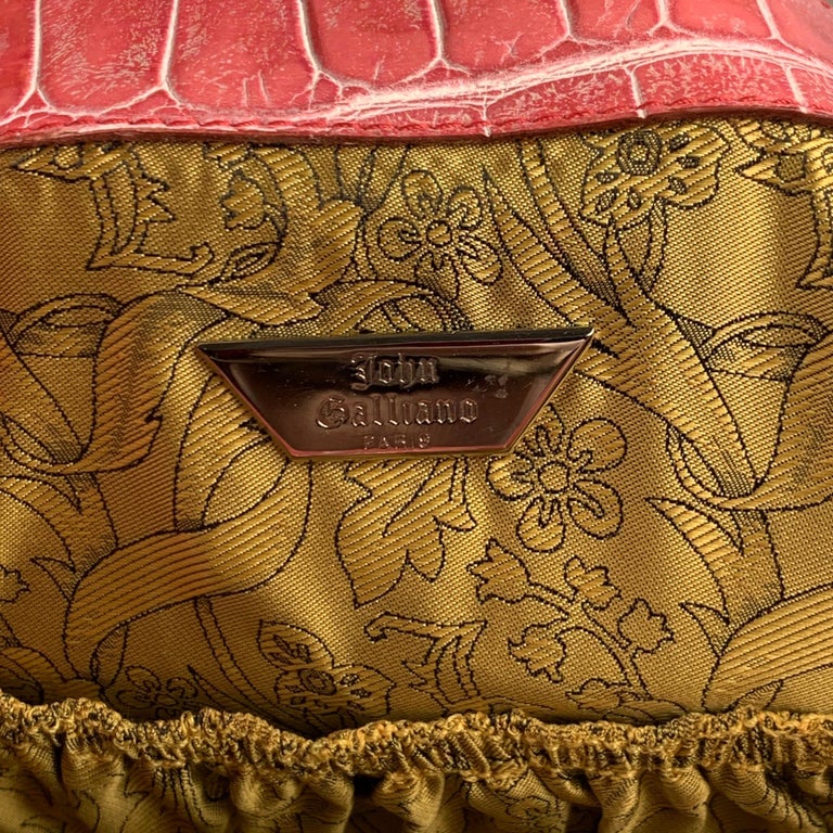 JOHN GALLIANO Pink Yellow Embossed Leather Handbag For Sale 3