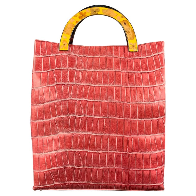 JOHN GALLIANO Pink Yellow Embossed Leather Handbag For Sale