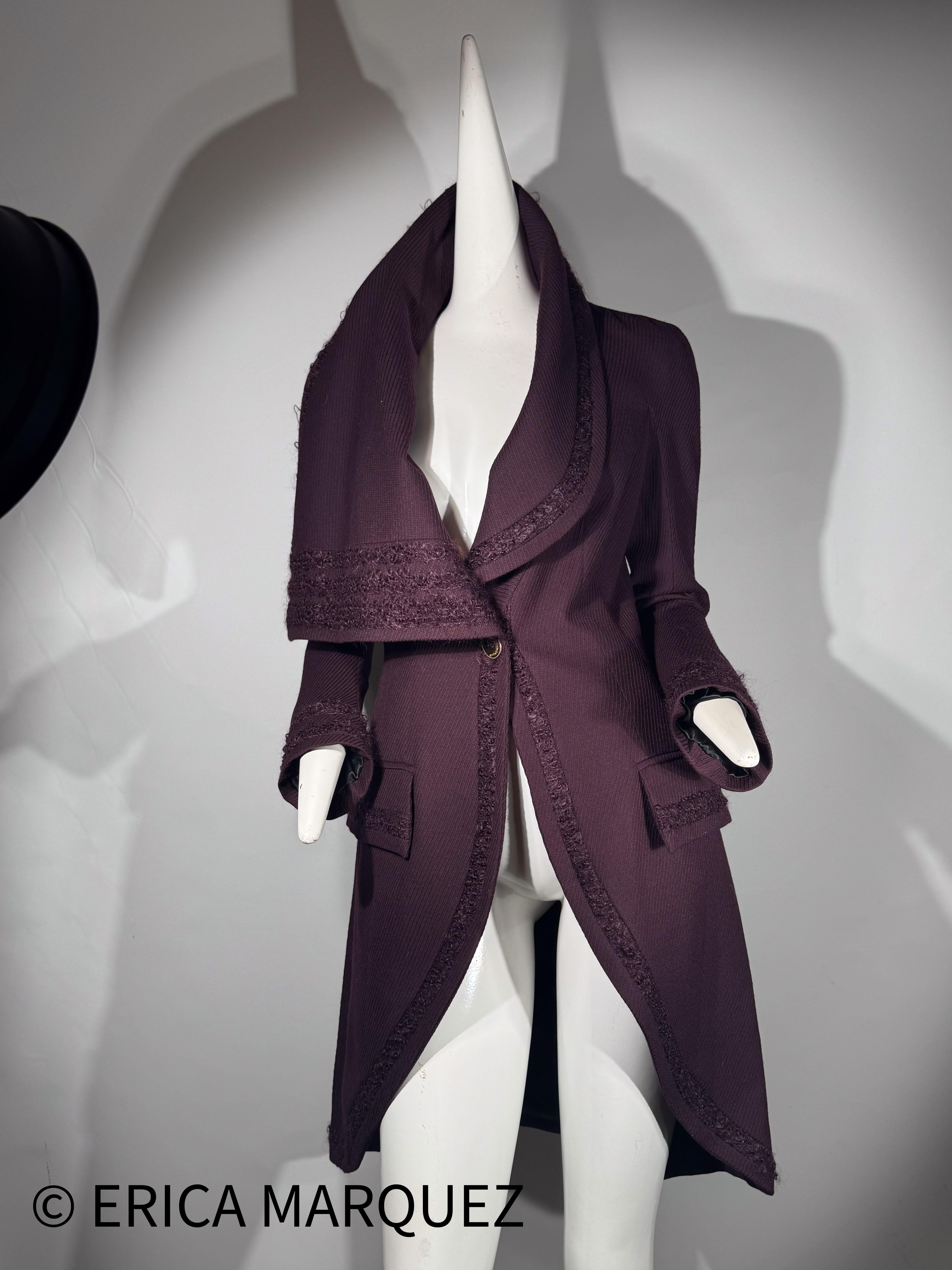 JOHN GALLIANO, Plum, Wool Blend, One Button Closure, Oversize Collar, Coat, 1998 For Sale 9
