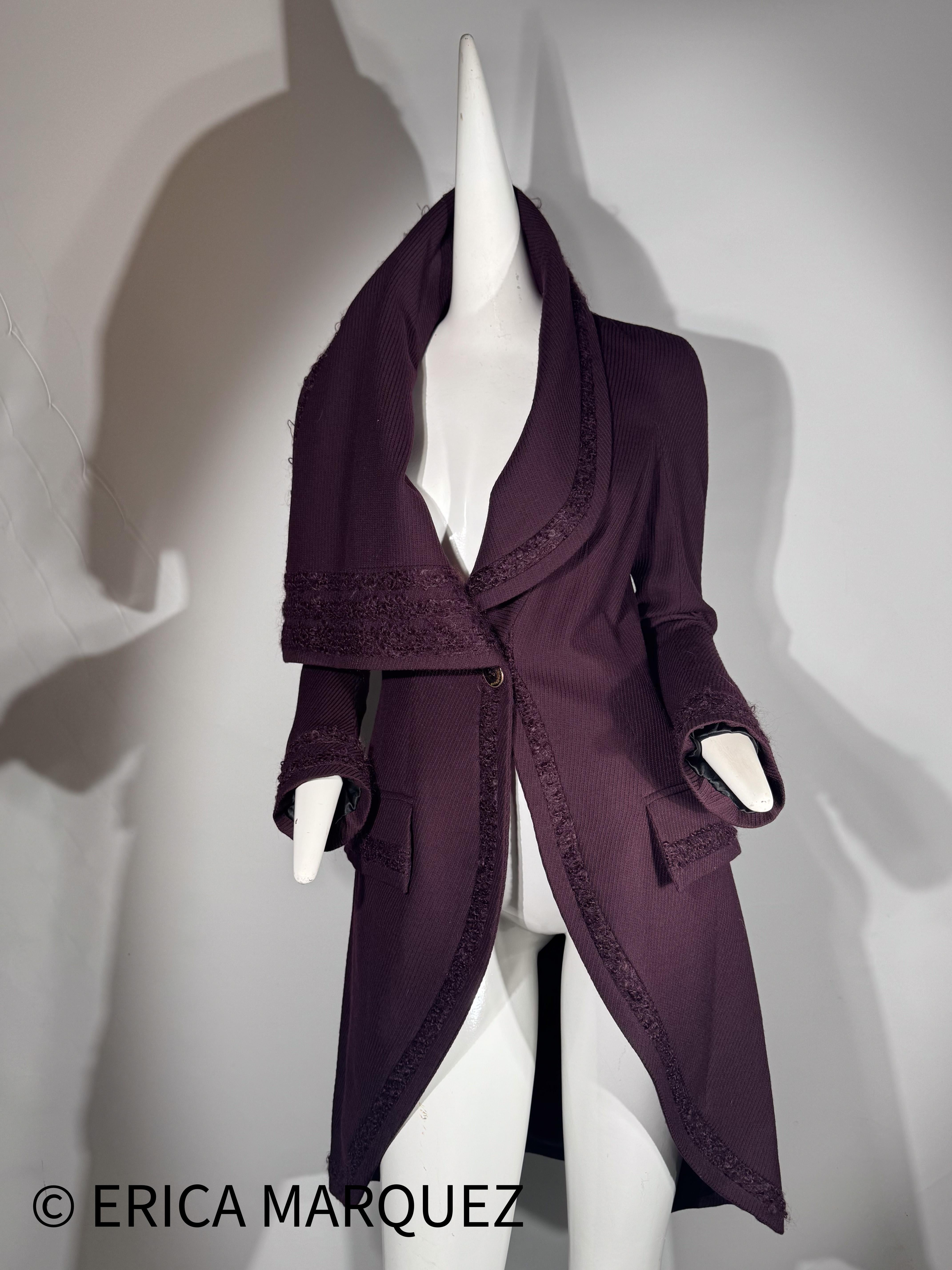 JOHN GALLIANO, Plum, Wool Blend, One Button Closure, Oversize Collar, Coat, 1998 For Sale 10