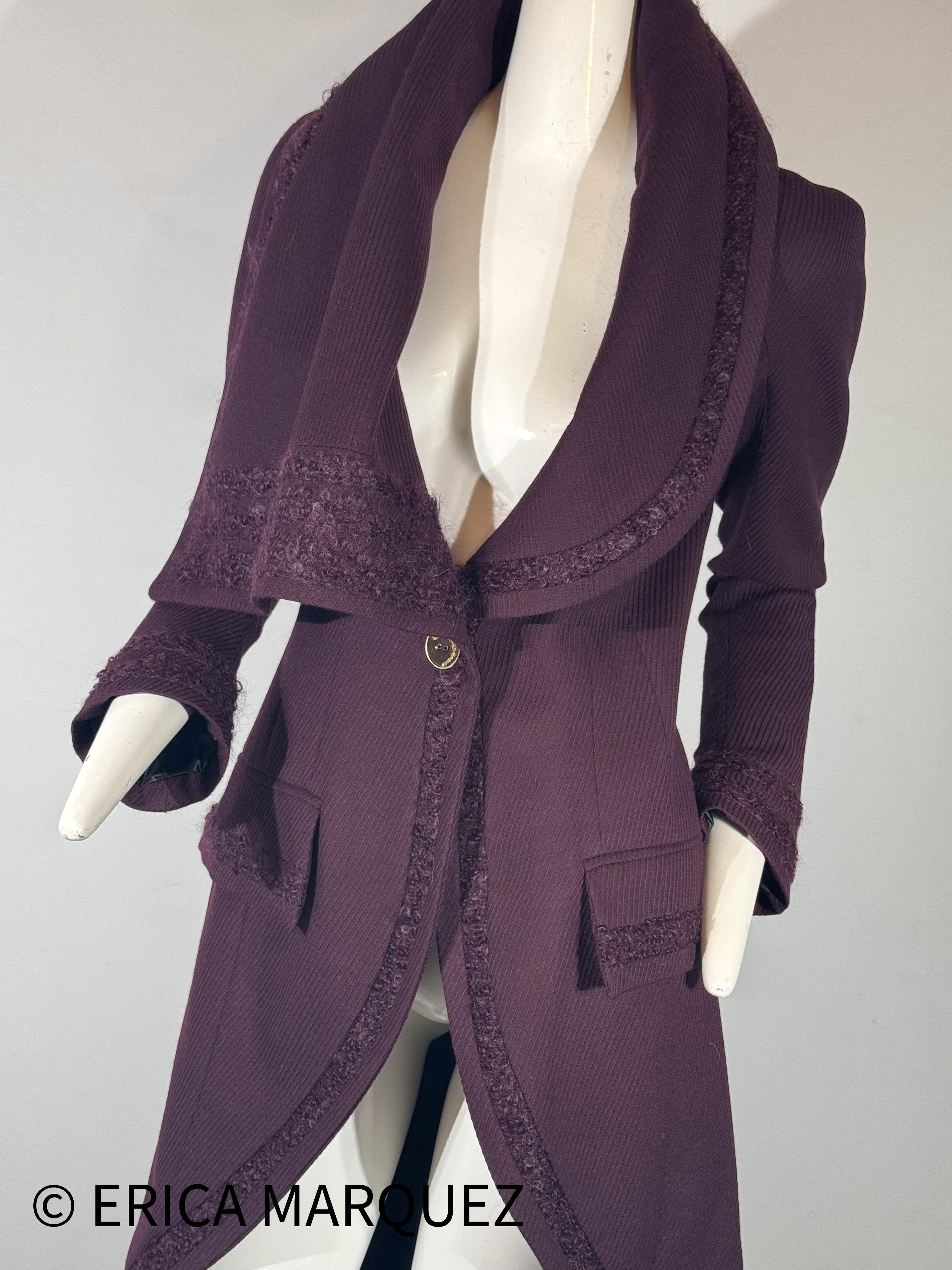 JOHN GALLIANO, Plum, Wool Blend, One Button Closure, Oversize Collar, Coat, 1998 For Sale 13