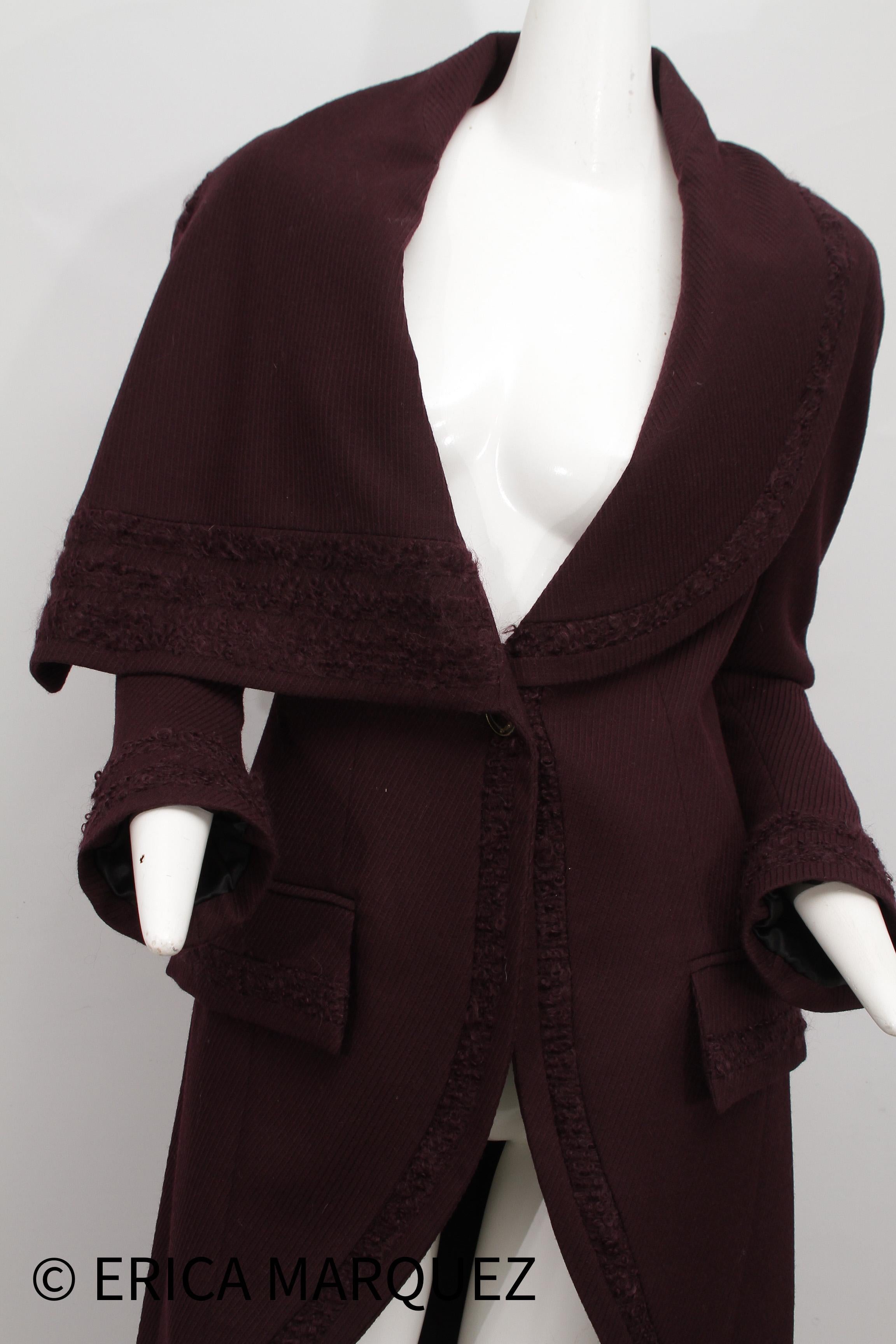 Black JOHN GALLIANO, Plum, Wool Blend, One Button Closure, Oversize Collar, Coat, 1998 For Sale