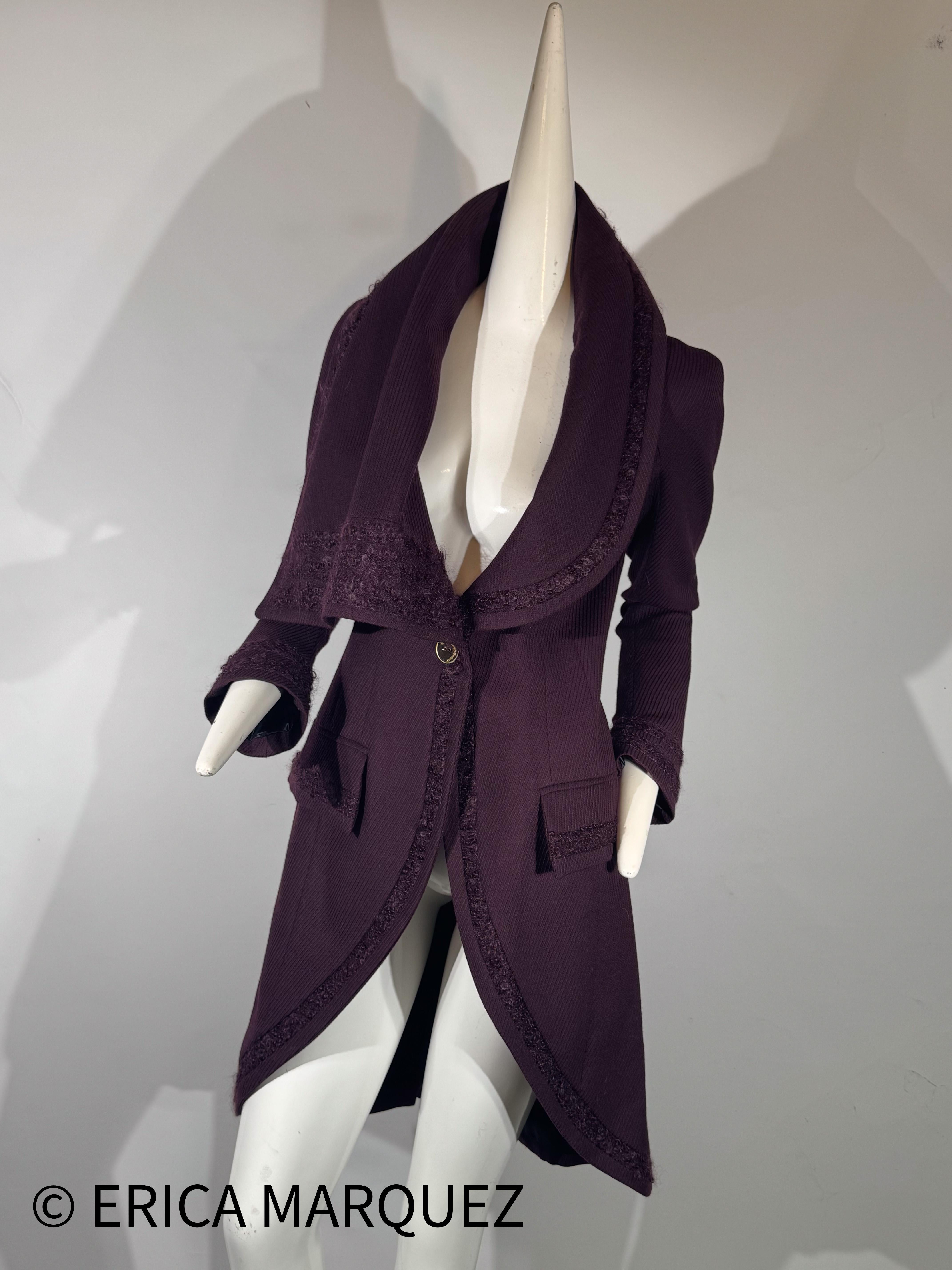 JOHN GALLIANO, Plum, Wool Blend, One Button Closure, Oversize Collar, Coat, 1998 For Sale 4