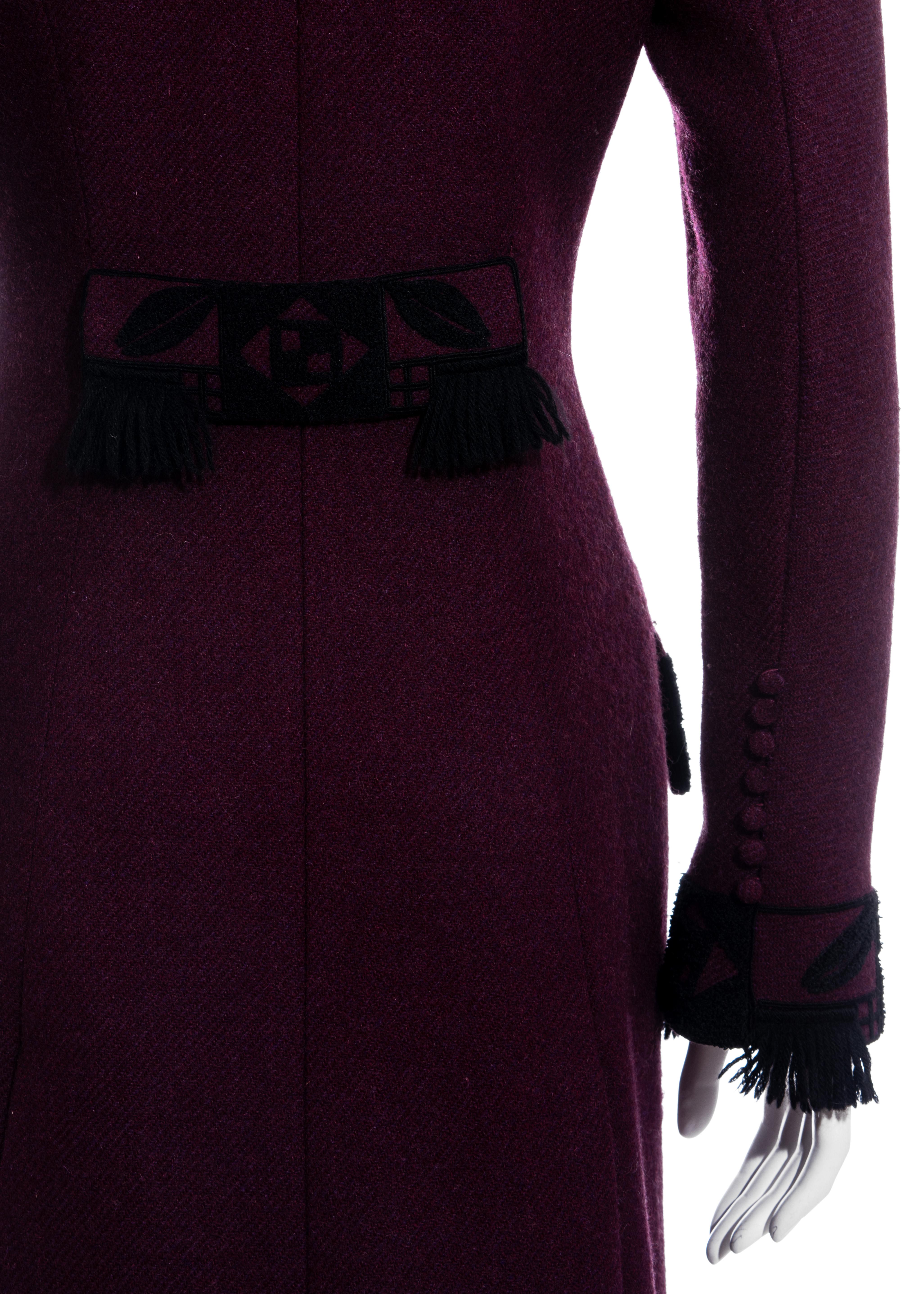 Black John Galliano plum wool coat with tassel trim, fw 1998 For Sale