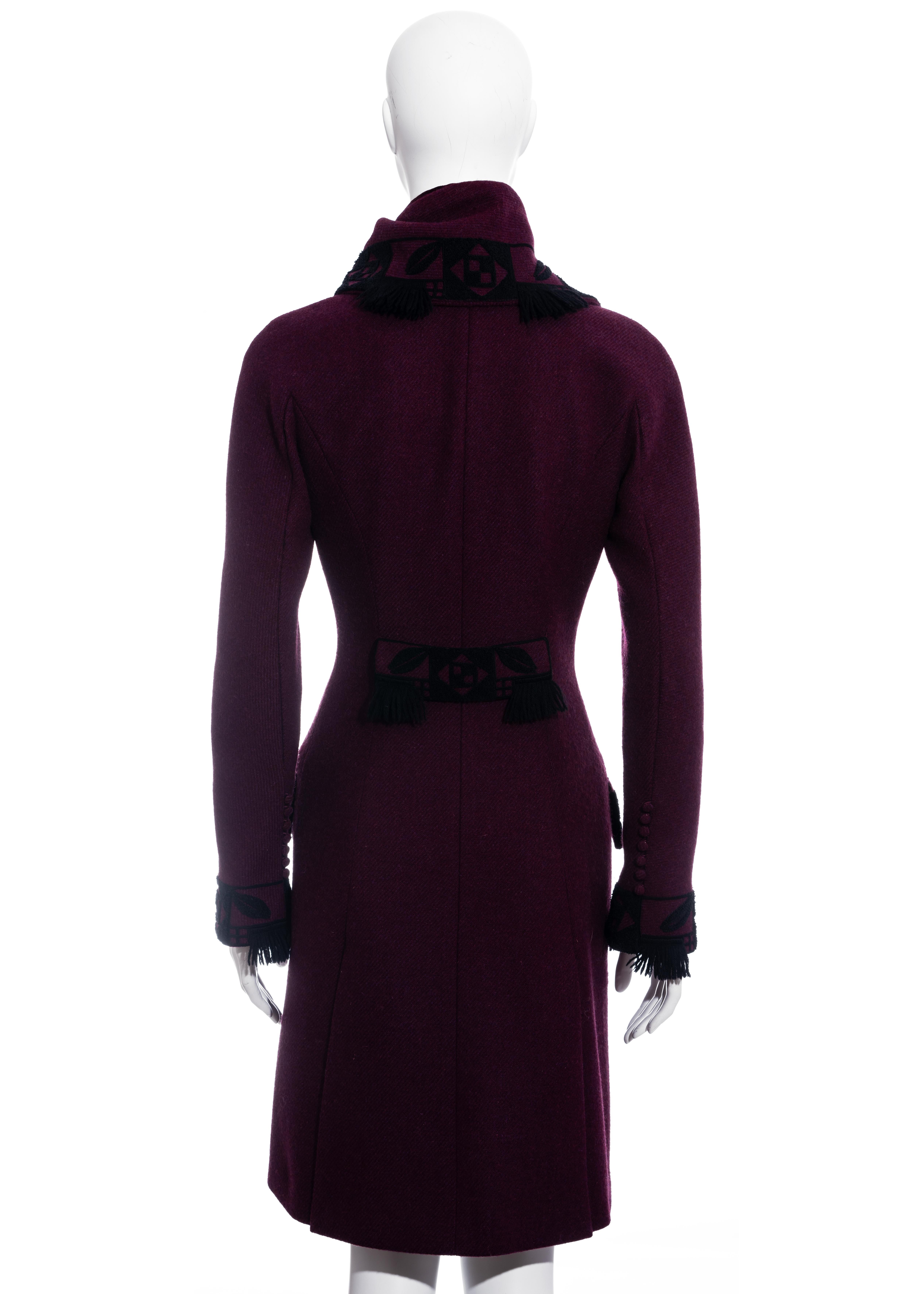 John Galliano plum wool coat with tassel trim, fw 1998 In Excellent Condition For Sale In London, GB