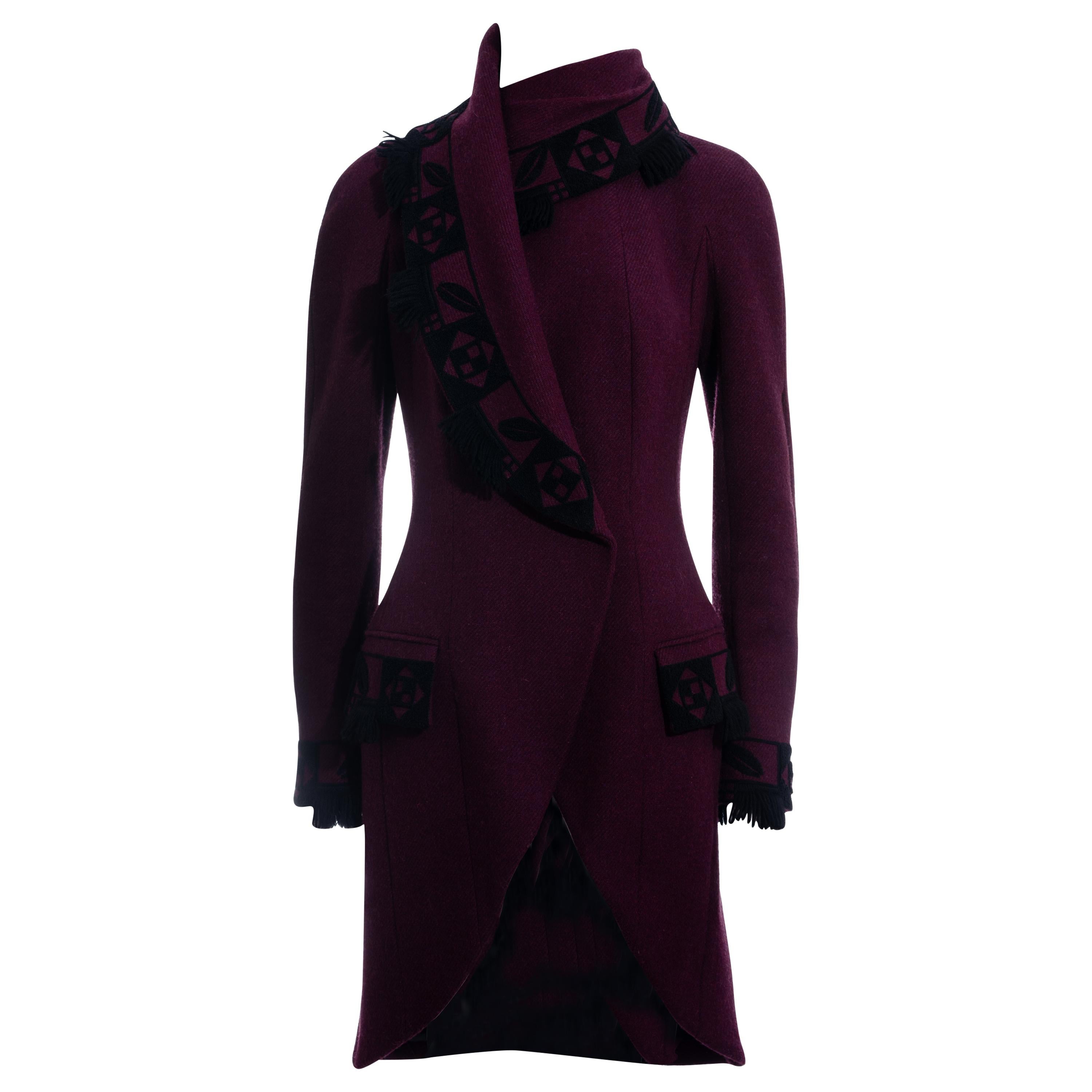 John Galliano plum wool coat with tassel trim, fw 1998 For Sale