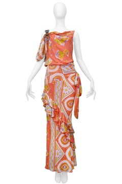 John Galliano Printed Red Gown With Leather Strap & Beads
