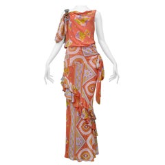 John Galliano Printed Red Gown With Leather Strap & Beads