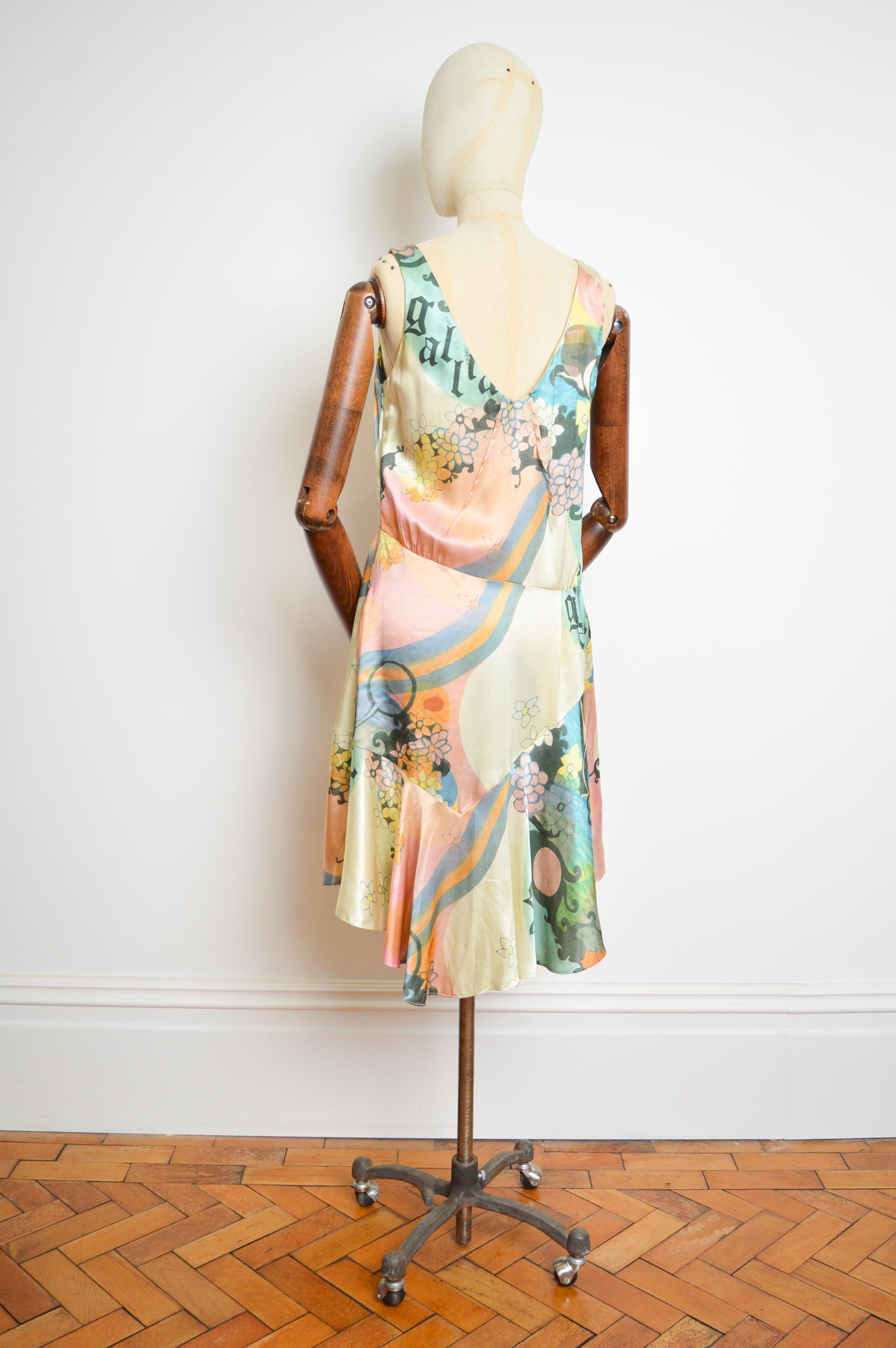 Beige John Galliano Pure Silk 1920s Style Flapper Pastel Print floaty Dress For Sale