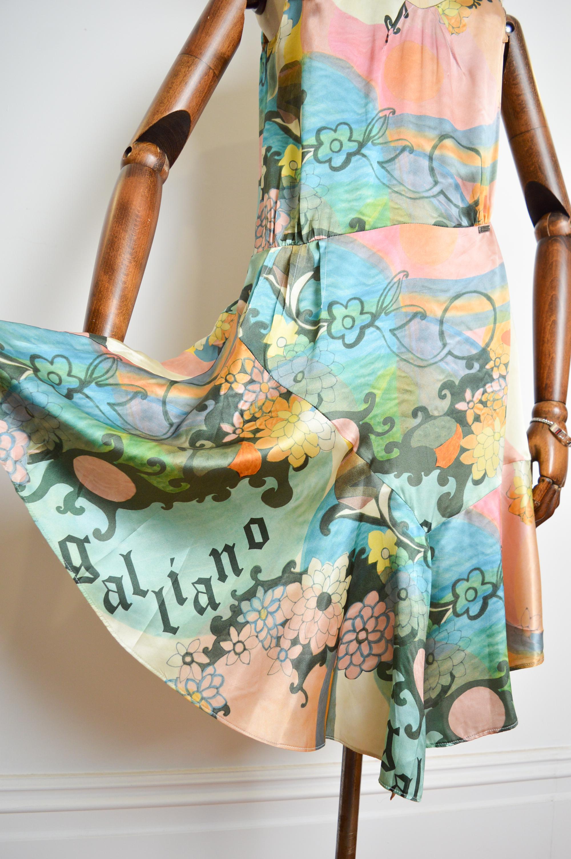 Women's John Galliano Pure Silk 1920s Style Flapper Pastel Print floaty Dress For Sale