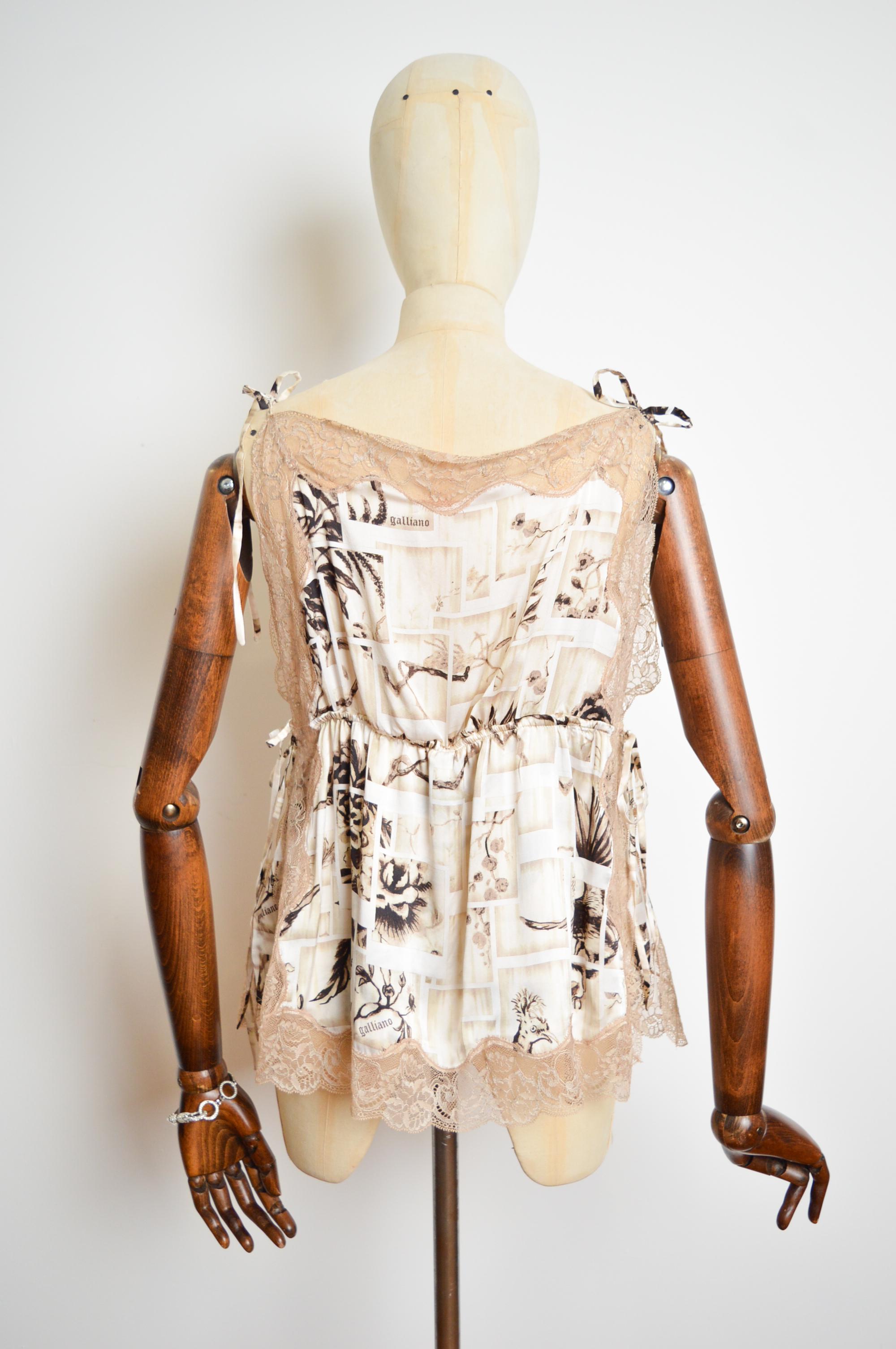 John Galliano Pure Silk Nude Lace Camisole Top - Newspaper Bird Print Blouse For Sale 6