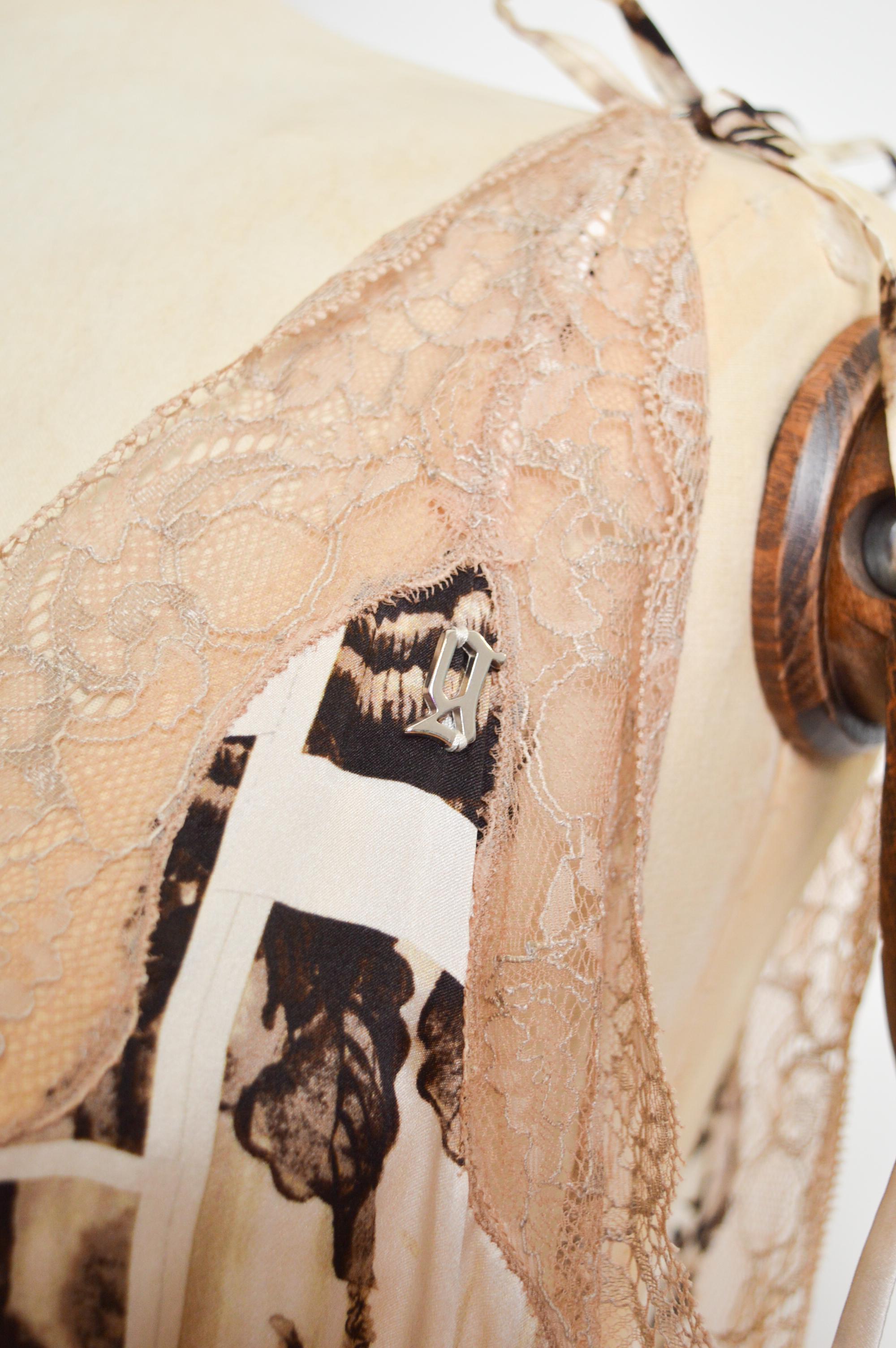John Galliano Pure Silk Nude Lace Camisole Top - Newspaper Bird Print Blouse In Excellent Condition For Sale In Sheffield, GB