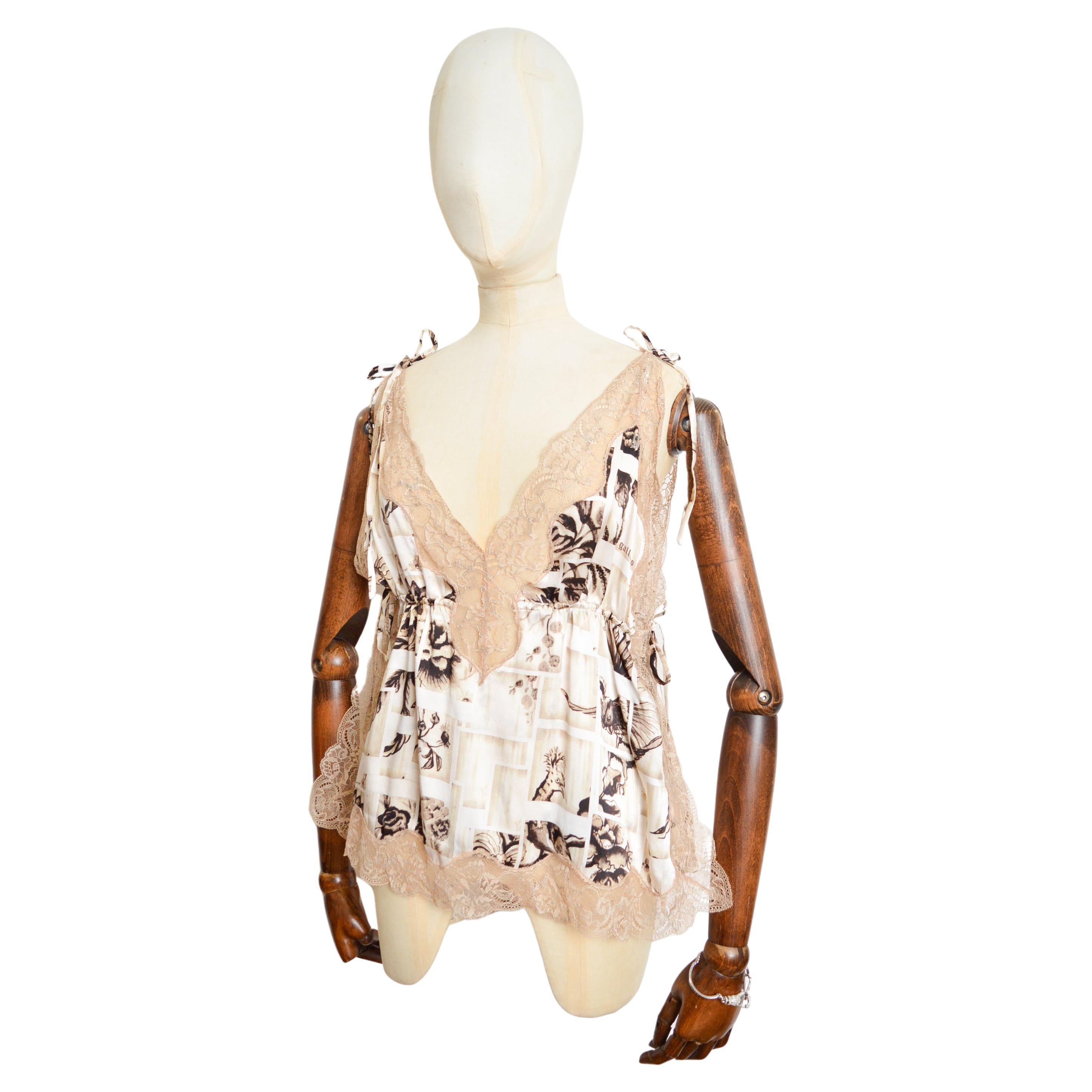 John Galliano Pure Silk Nude Lace Camisole Top - Newspaper Bird Print Blouse For Sale