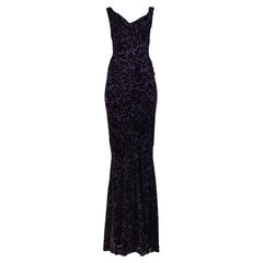 John Galliano Purple & Black Floral Devore Evening Gown