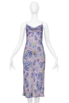 John Galliano Purple & Blue Paisley Patterned Silk Chiffon Slip Dress