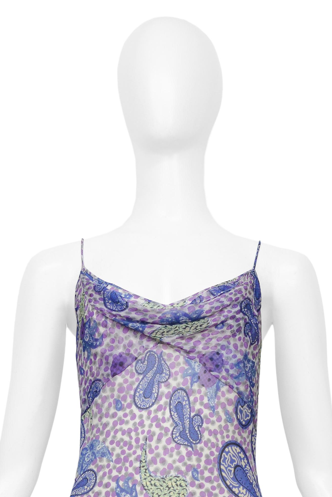 Gray John Galliano Purple & Blue Paisley Patterned Silk Chiffon Slip Dress For Sale