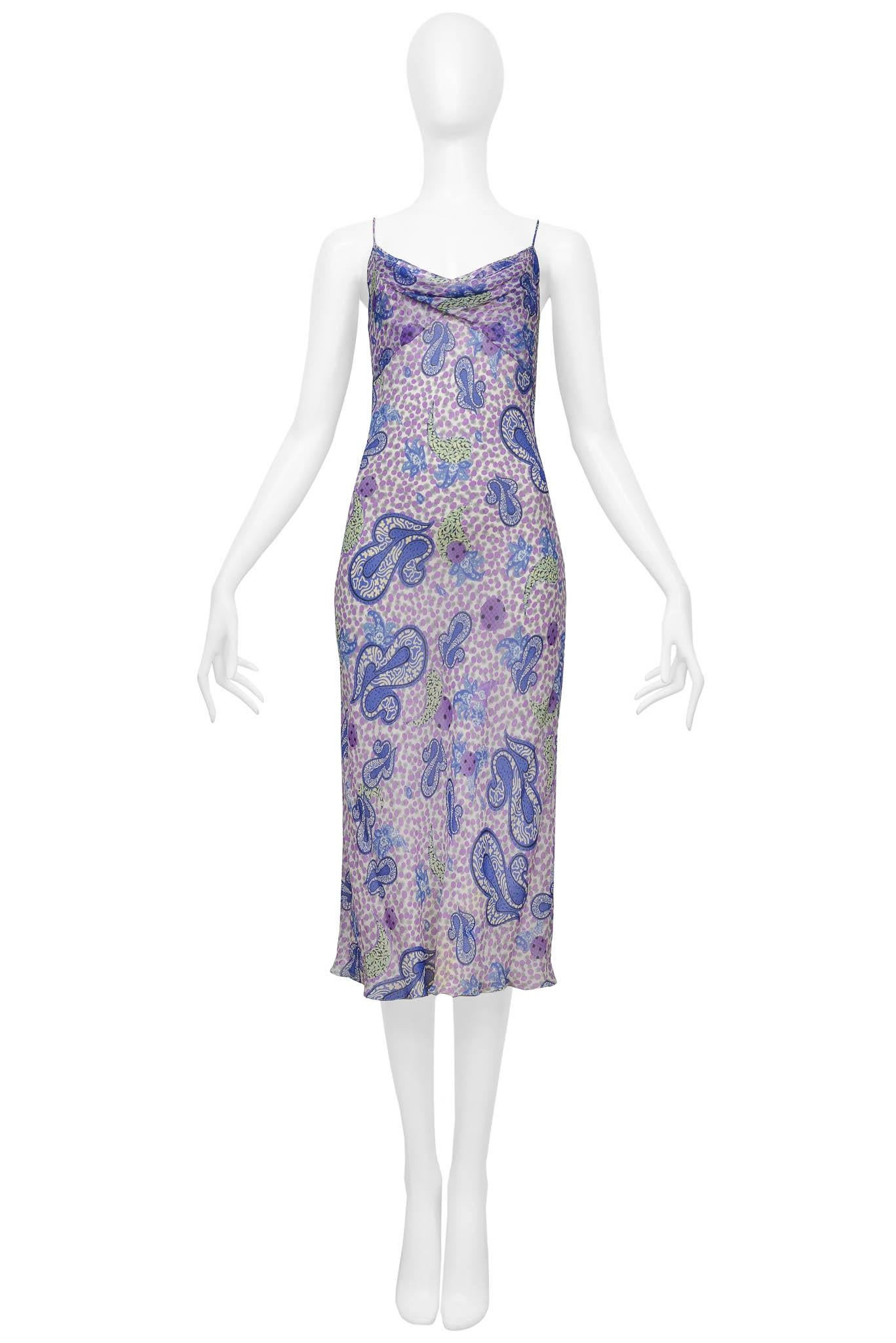 John Galliano Purple & Blue Paisley Patterned Silk Chiffon Slip Dress In Good Condition For Sale In Los Angeles, CA